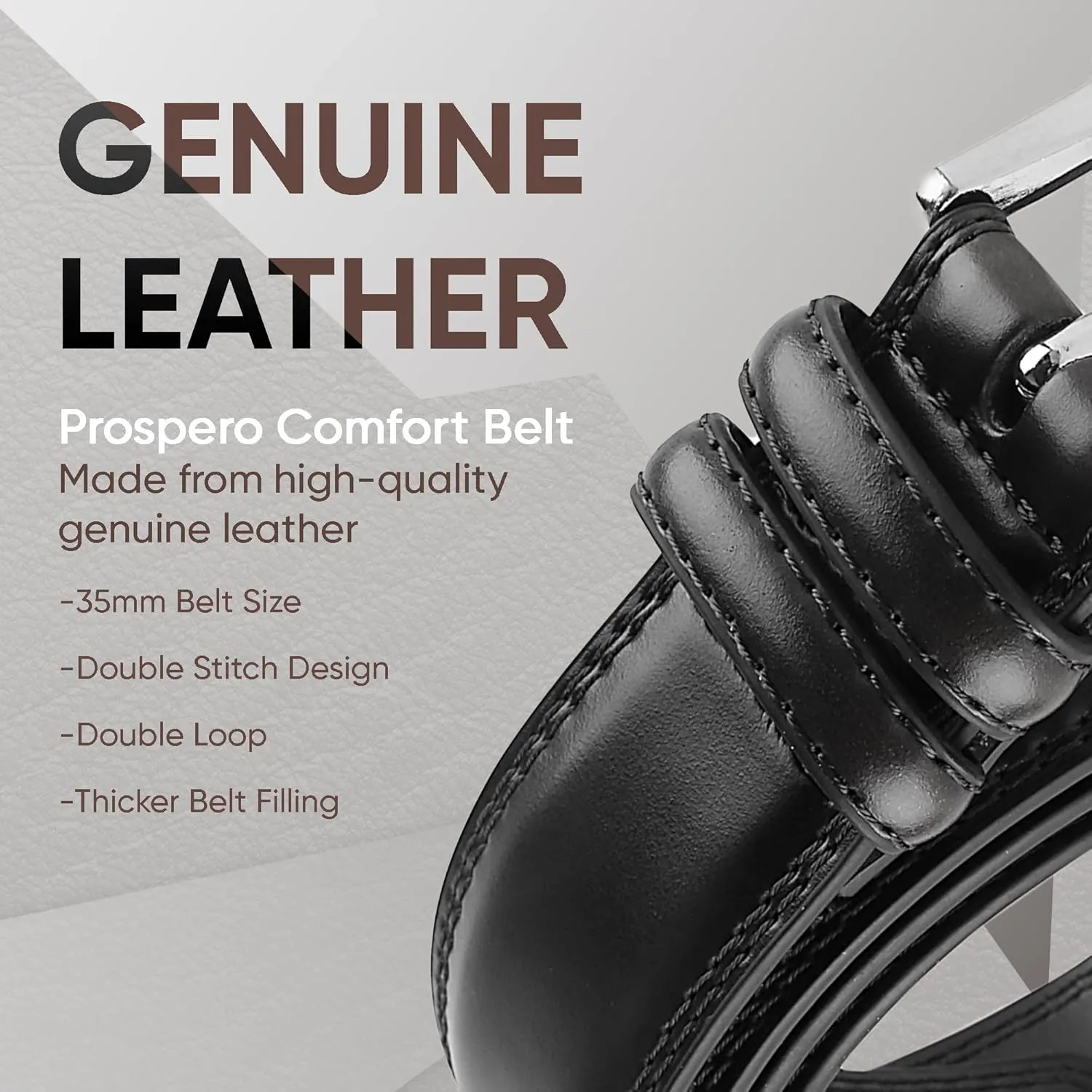 Prospero Comfort Men's Genuine Leather Belt 'ALL LEATHER' Classic Dress Casual Double Stitch 35mm