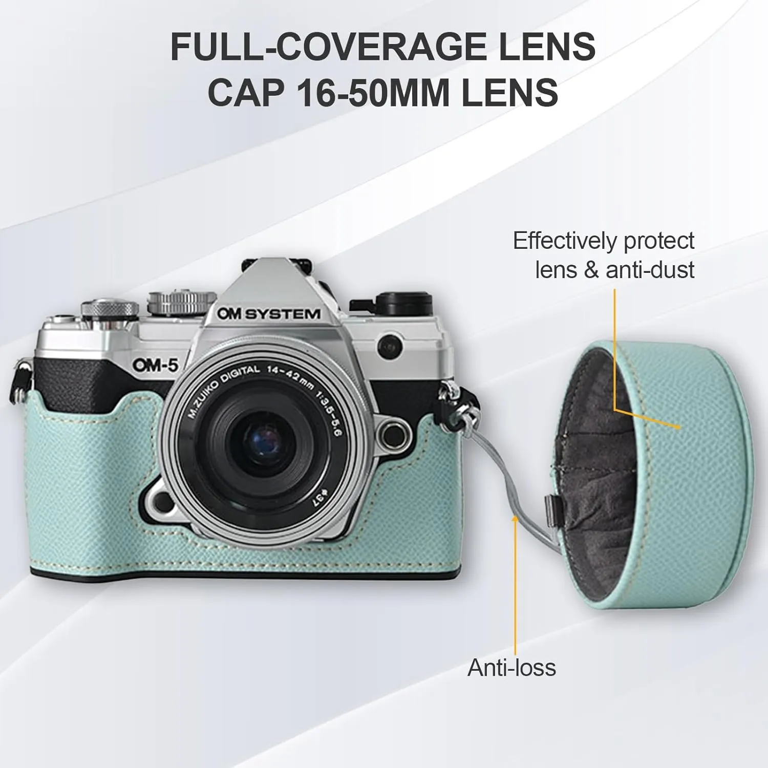 Protective Camera Case Kit for Olympus OM-5/OM-D E-M5 III Camera,OM System OM-5 Camera Cover E-M5 III Half Case With 16-50MM Front Lens Cap With Adjustable Shoulder Strap-BLUE