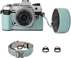 Protective Camera Case Kit for Olympus OM-5/OM-D E-M5 III Camera,OM System OM-5 Camera Cover E-M5 III Half Case With 16-50MM Front Lens Cap With Adjustable Shoulder Strap-BLUE