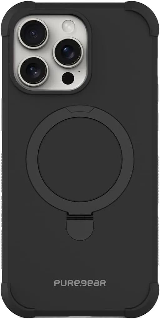 PureGear DualTek Magnetic Phone Grip Case for iPhone 15 Pro (2023), Military Tested and Approved Protection, MagSafe Compatible Heavy-Duty Durable Protective iPhone 15 Pro Case, Built-in Stand (Black)