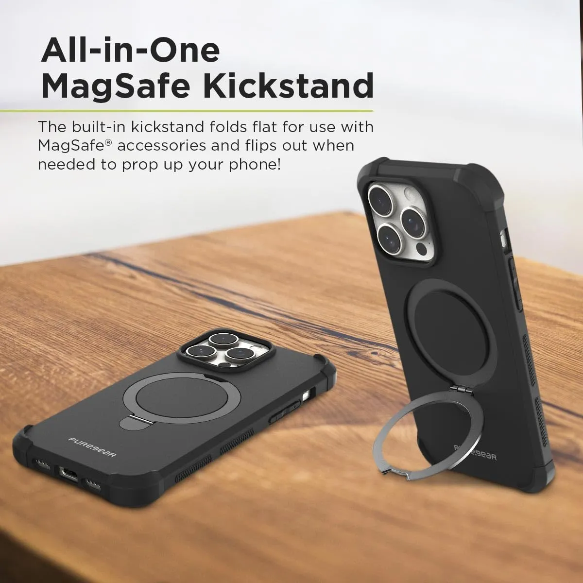 PureGear DualTek Magnetic Phone Grip Case for iPhone 15 Pro (2023), Military Tested and Approved Protection, MagSafe Compatible Heavy-Duty Durable Protective iPhone 15 Pro Case, Built-in Stand (Black)