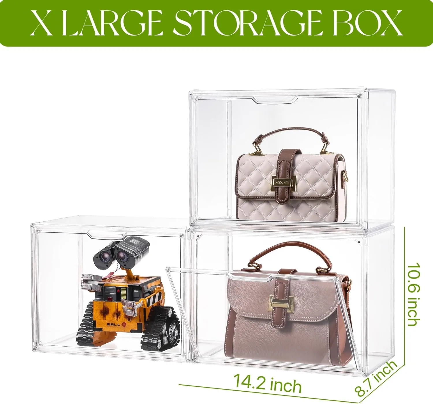 Purse Organizer for Closet, Clear Acrylic Display Case, Large Handbag Storage Organizer with Magnetic Door, 4 Pack Plastic Acrylic Boxes for Wallet, Cosmetic, Collectibles (X Large)