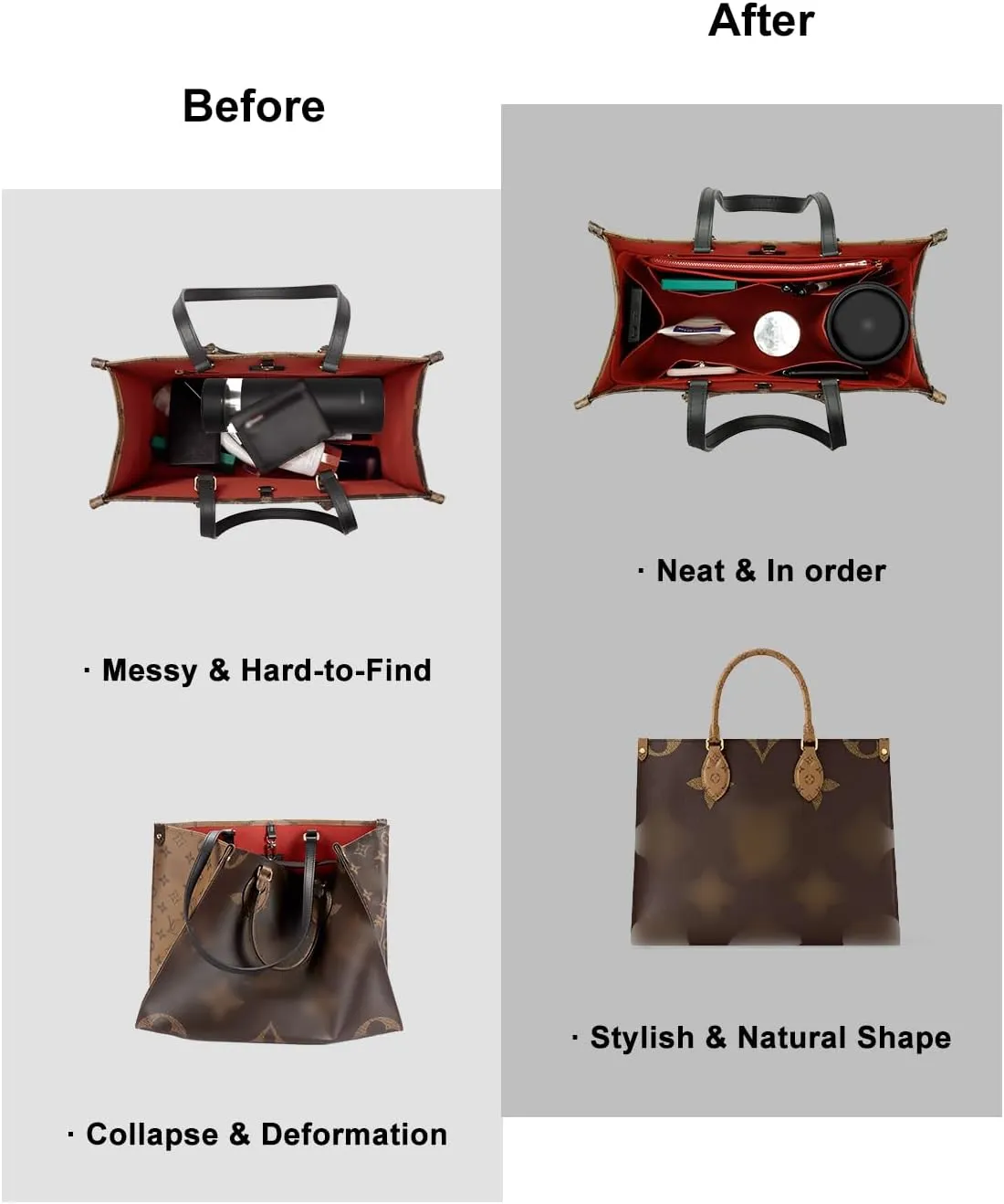 Purse Organizer Insert For Handbags, Tote Bag Organizer Insert, Handbag Organizer For Tote & Handbags, Compatible with Neverful Speedy and More (Slender Medium,Red)