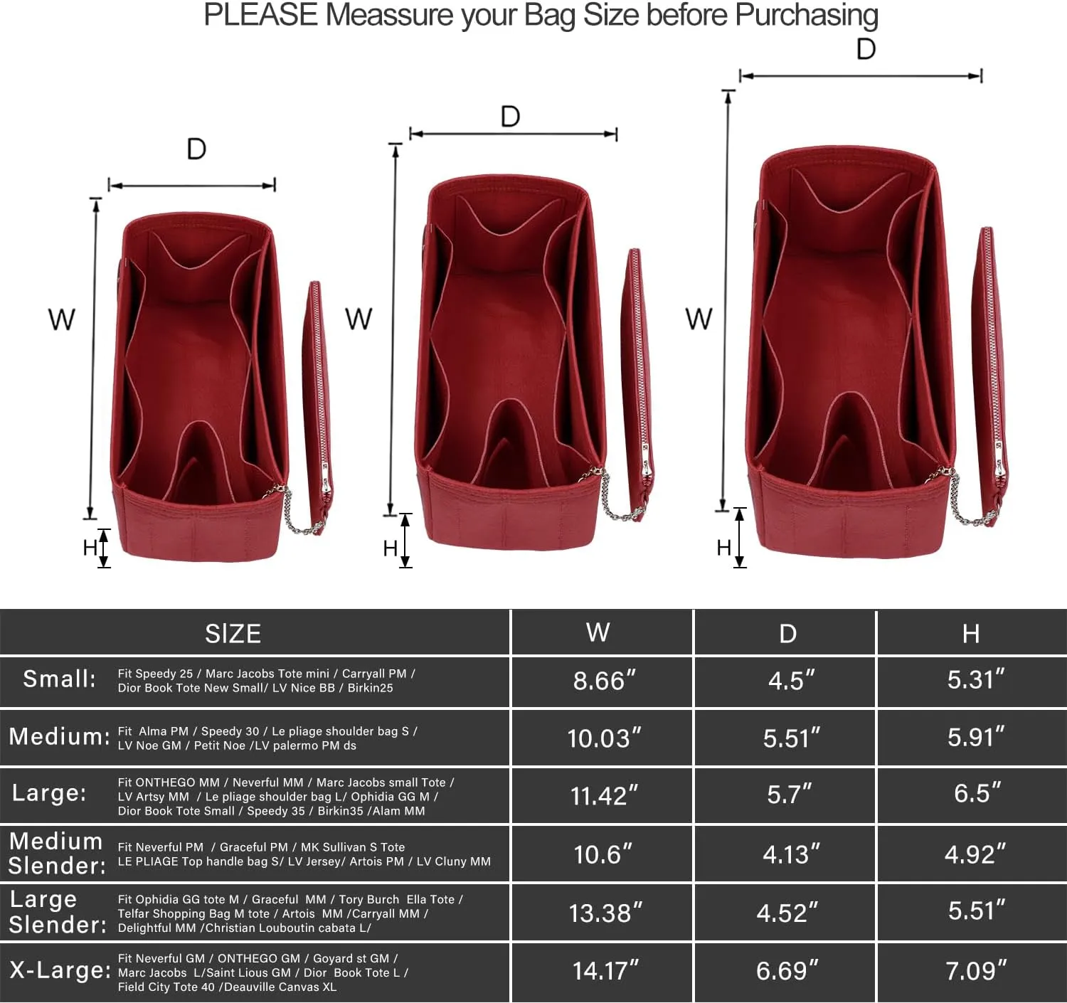 Purse Organizer Insert For Handbags, Tote Bag Organizer Insert, Handbag Organizer For Tote & Handbags, Compatible with Neverful Speedy and More (Slender Medium,Red)