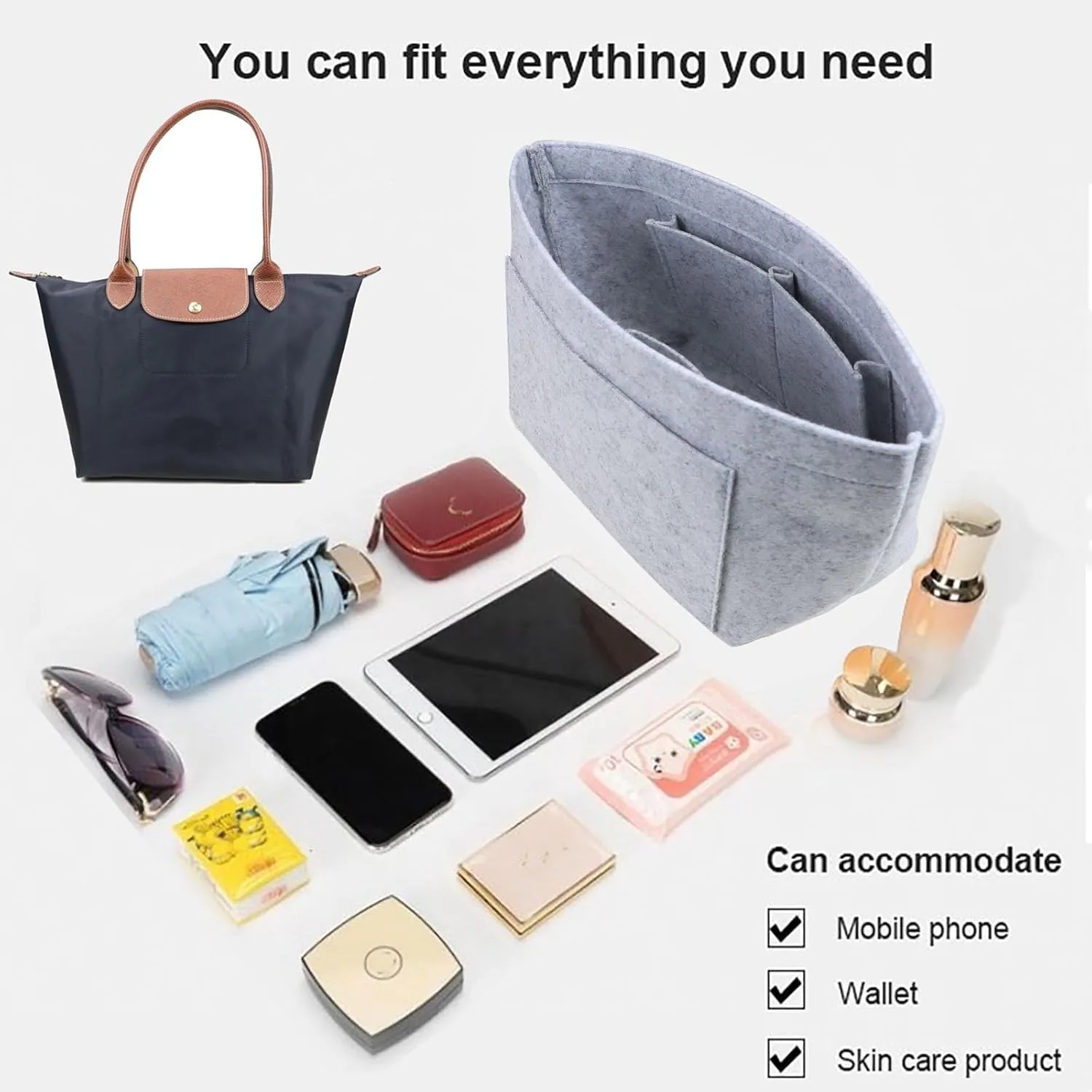 Purse Organizer Insert for longchamp Le Pliage Neo(Large) Handbags Insert Organizer 1012French grey-L