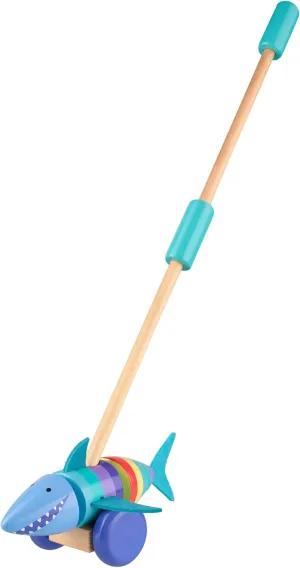 Push Along: Shark - Wooden Toy, Colorful Wheeled Character w/Handle, Push & Pull, Encourage First Steps, Toddler & Kids, Ages 1 