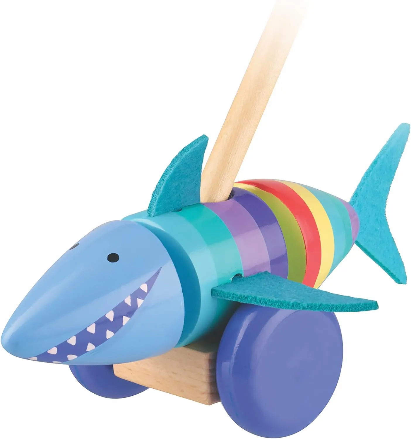 Push Along: Shark - Wooden Toy, Colorful Wheeled Character w/Handle, Push & Pull, Encourage First Steps, Toddler & Kids, Ages 1 