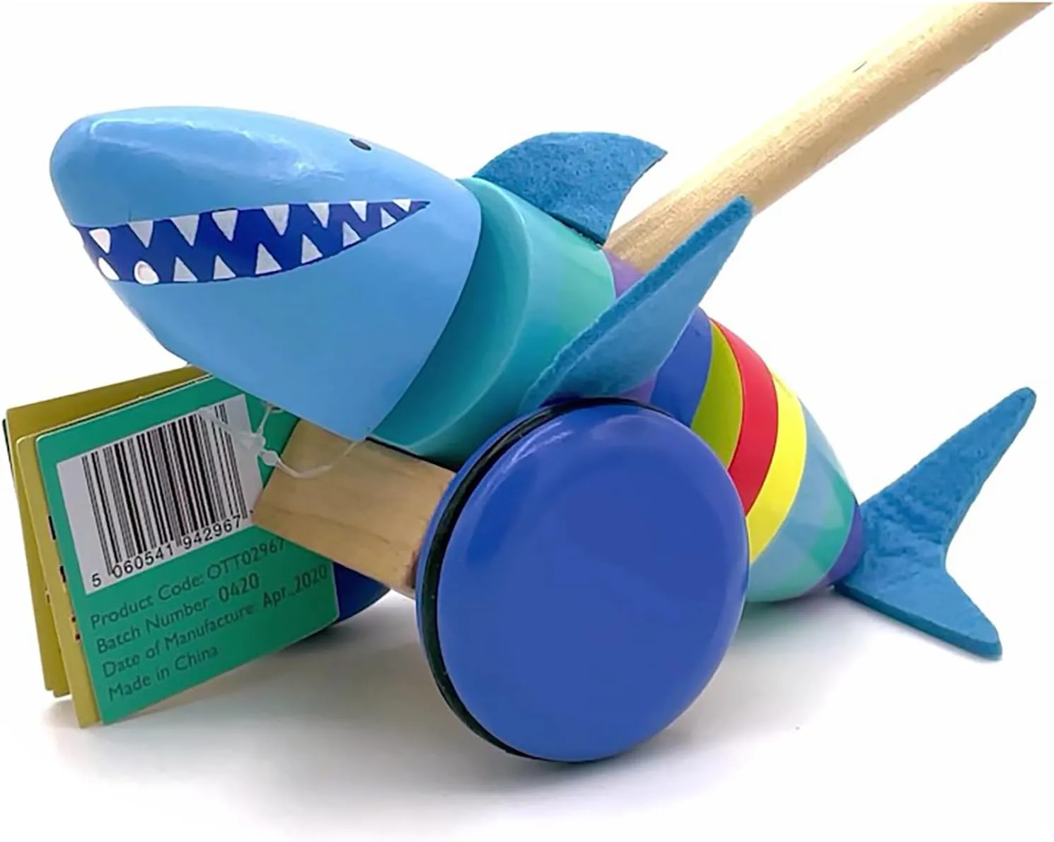 Push Along: Shark - Wooden Toy, Colorful Wheeled Character w/Handle, Push & Pull, Encourage First Steps, Toddler & Kids, Ages 1 