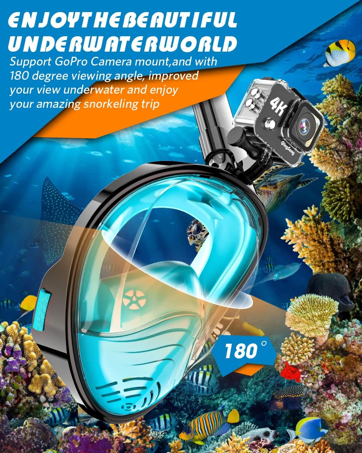 QingSong Full Face Snorkel Mask for Adults, Snorkeling Gear with Camera Mount, 180 Degree Panoramic View Snorkel Set Anti-Fog Anti-Leak