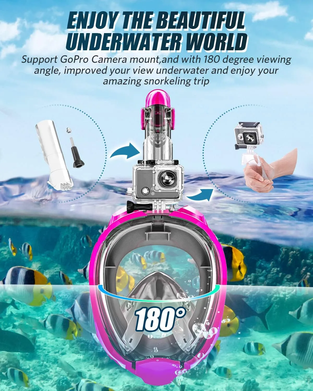 QingSong Full Face Snorkel Mask for Adults, Snorkeling Gear with Camera Mount, 180 Degree Panoramic View Snorkel Set Anti-Fog Anti-Leak