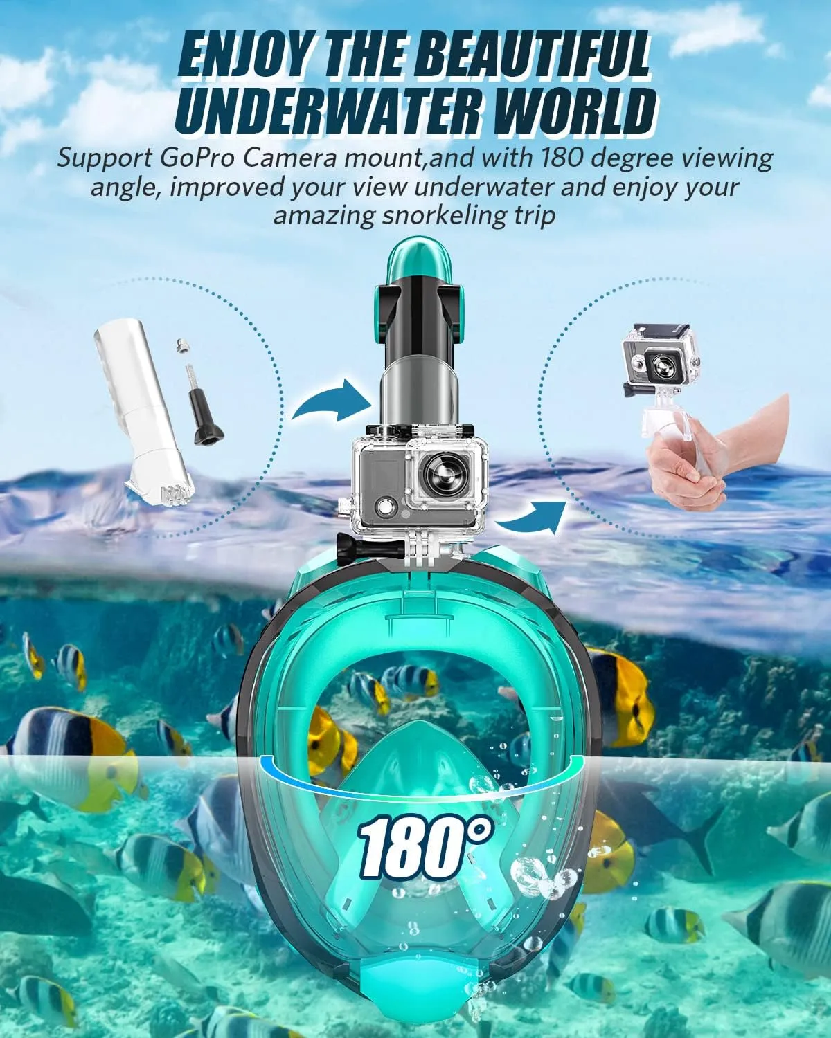 QingSong Full Face Snorkel Mask for Adults, Snorkeling Gear with Camera Mount, Foldable 180 Degree Panoramic View Snorkeling Set Anti-Fog Anti-Leak