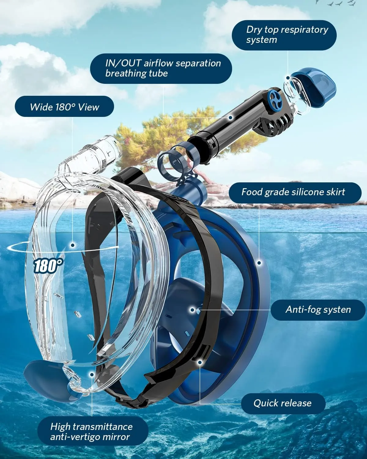 QingSong Full Face Snorkel Mask for Adults, Snorkeling Gear with Camera Mount, Foldable 180 Degree Panoramic View Snorkeling Set Anti-Fog Anti-Leak