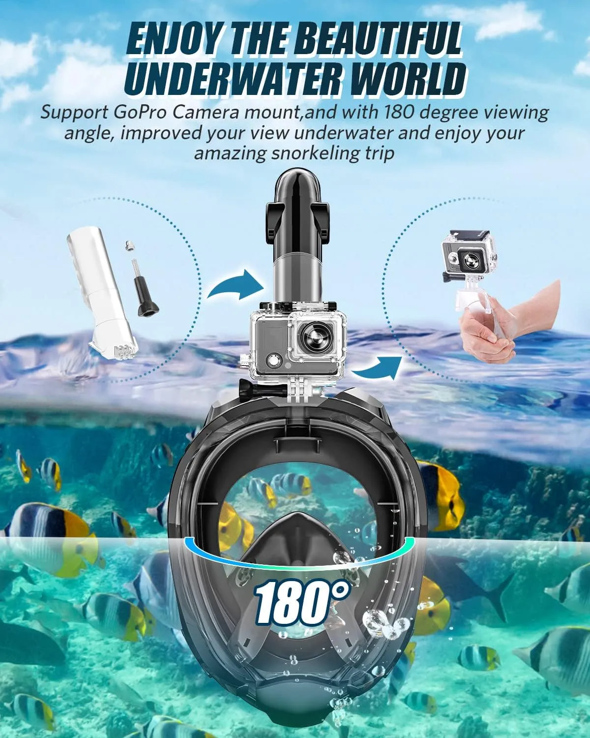 QingSong Full Face Snorkel Mask for Adults, Snorkeling Gear with Camera Mount, Foldable 180 Degree Panoramic View Snorkeling Set Anti-Fog Anti-Leak