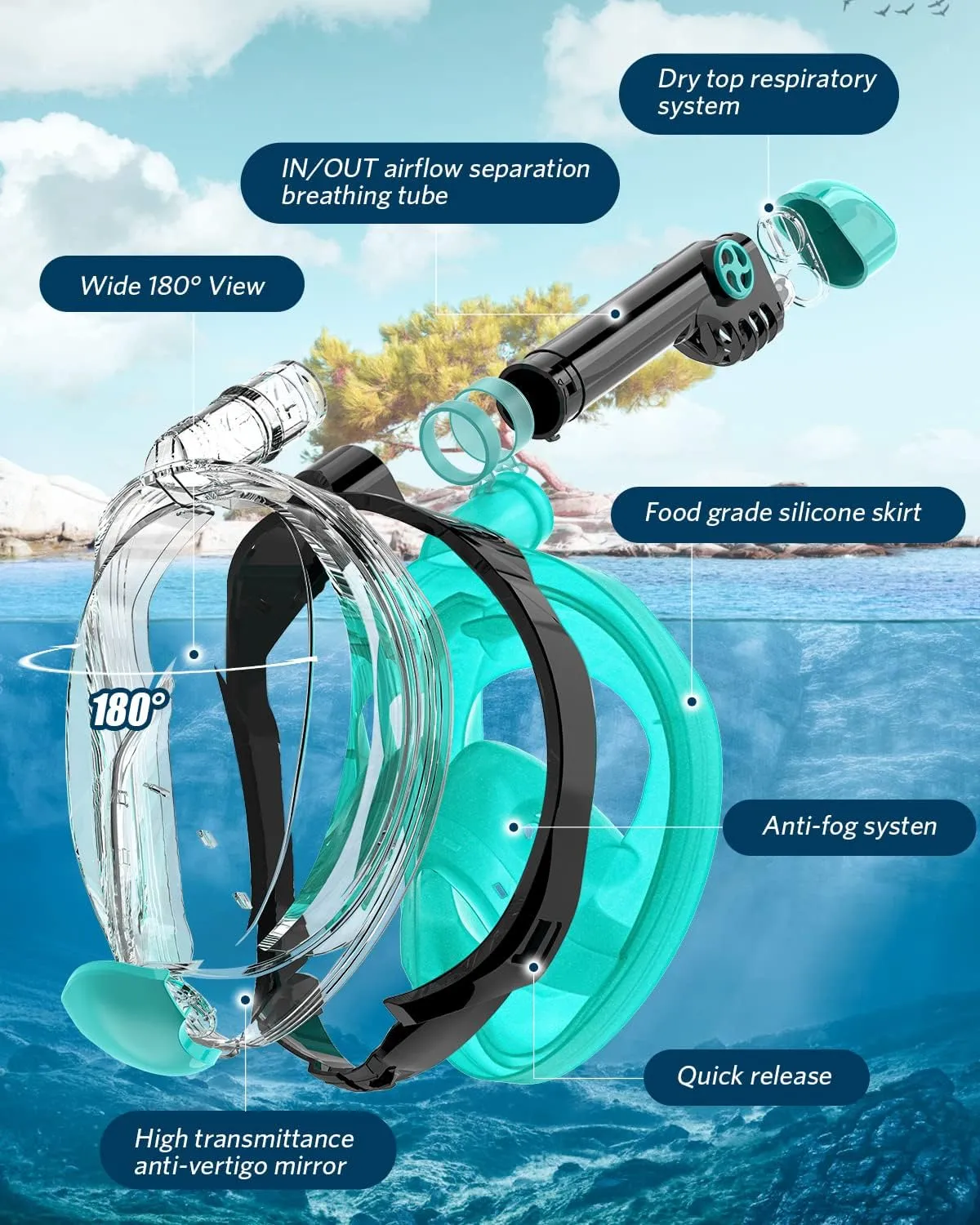 QingSong Full Face Snorkel Mask for Adults, Snorkeling Gear with Camera Mount, Foldable 180 Degree Panoramic View Snorkeling Set Anti-Fog Anti-Leak