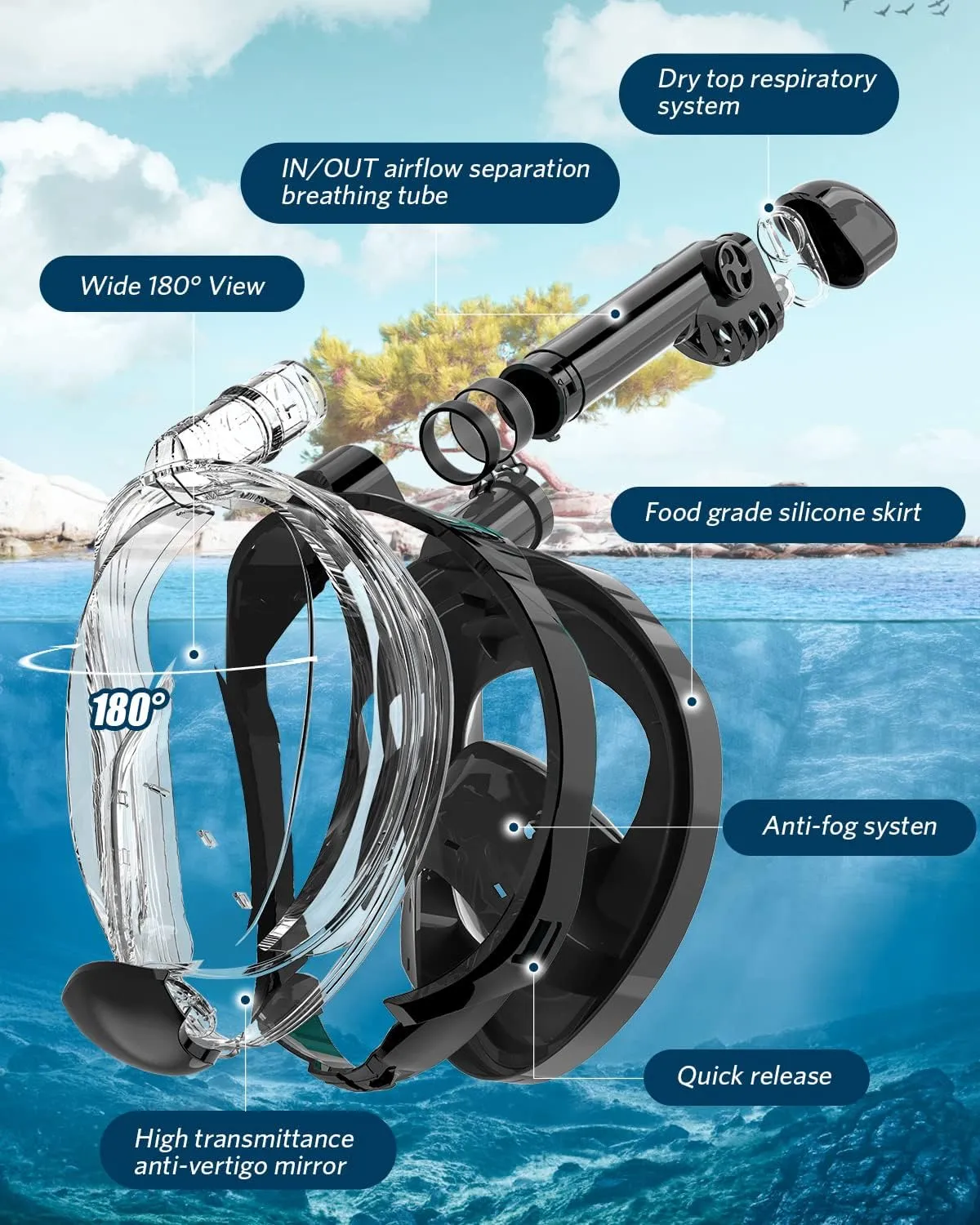 QingSong Full Face Snorkel Mask for Adults, Snorkeling Gear with Camera Mount, Foldable 180 Degree Panoramic View Snorkeling Set Anti-Fog Anti-Leak
