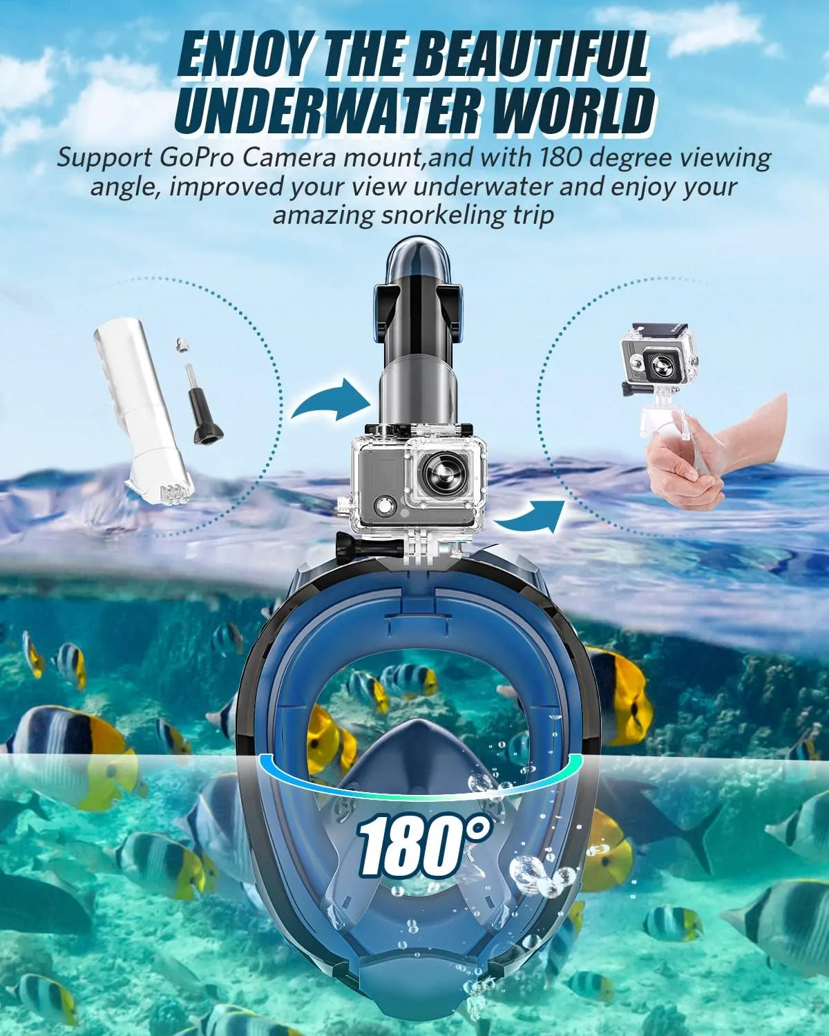 QingSong Full Face Snorkel Mask for Adults, Snorkeling Gear with Camera Mount, Foldable 180 Degree Panoramic View Snorkeling Set Anti-Fog Anti-Leak
