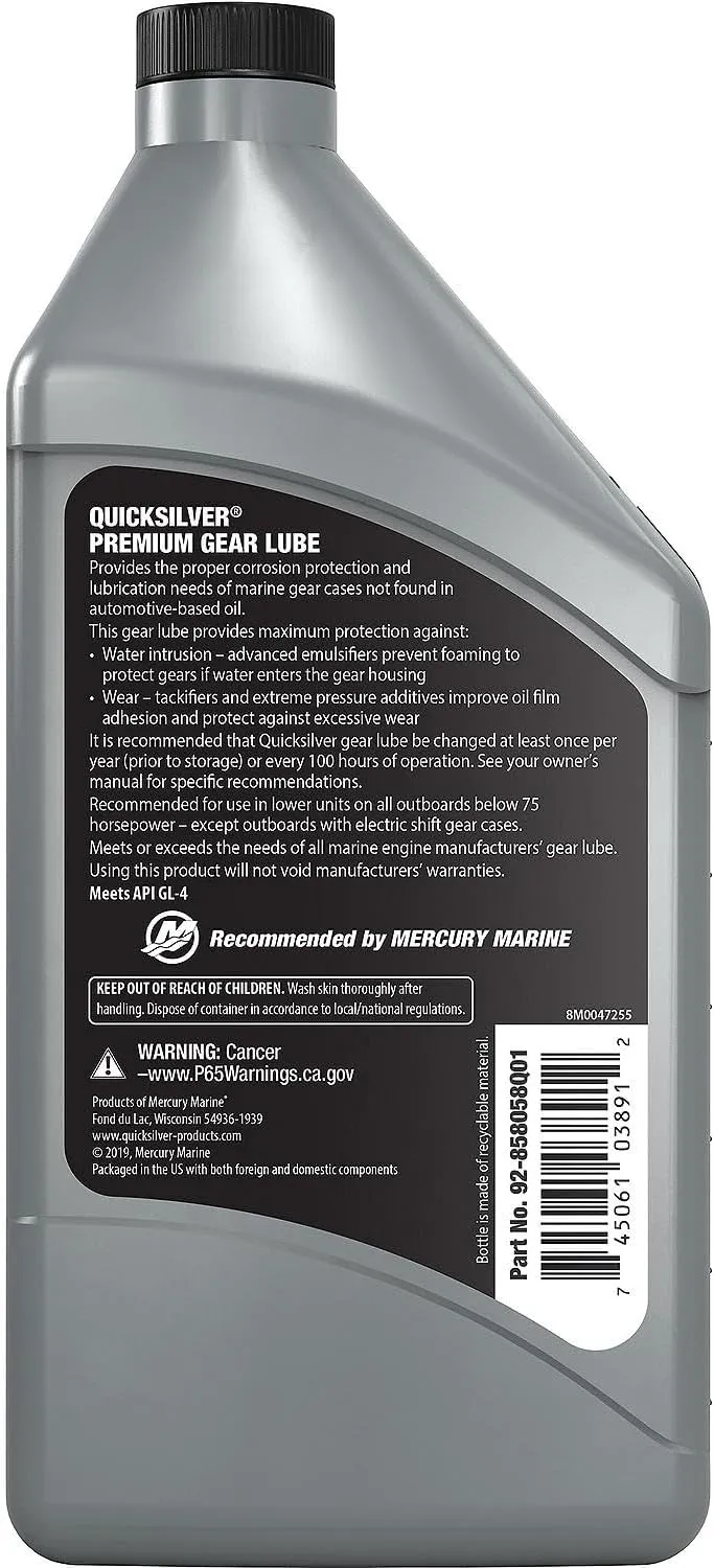 Quicksilver by Mercury Marine 80W-90 Premium Gear Lube, Marine Engine, 32 oz.