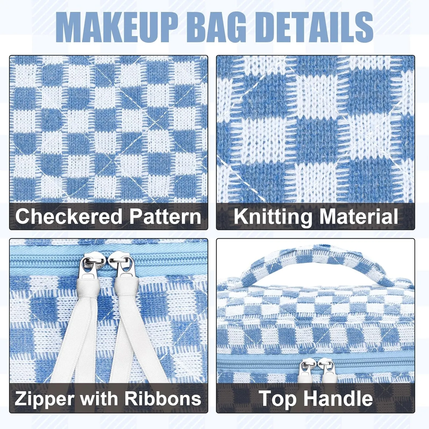 Quilted Makeup Bag Set, 3Pcs Large Checkered Corduroy Cosmetic Bags, Cute Coquette Makeup Bag Toiletry Zipper Pouch Bag for Women and Girls Checkered