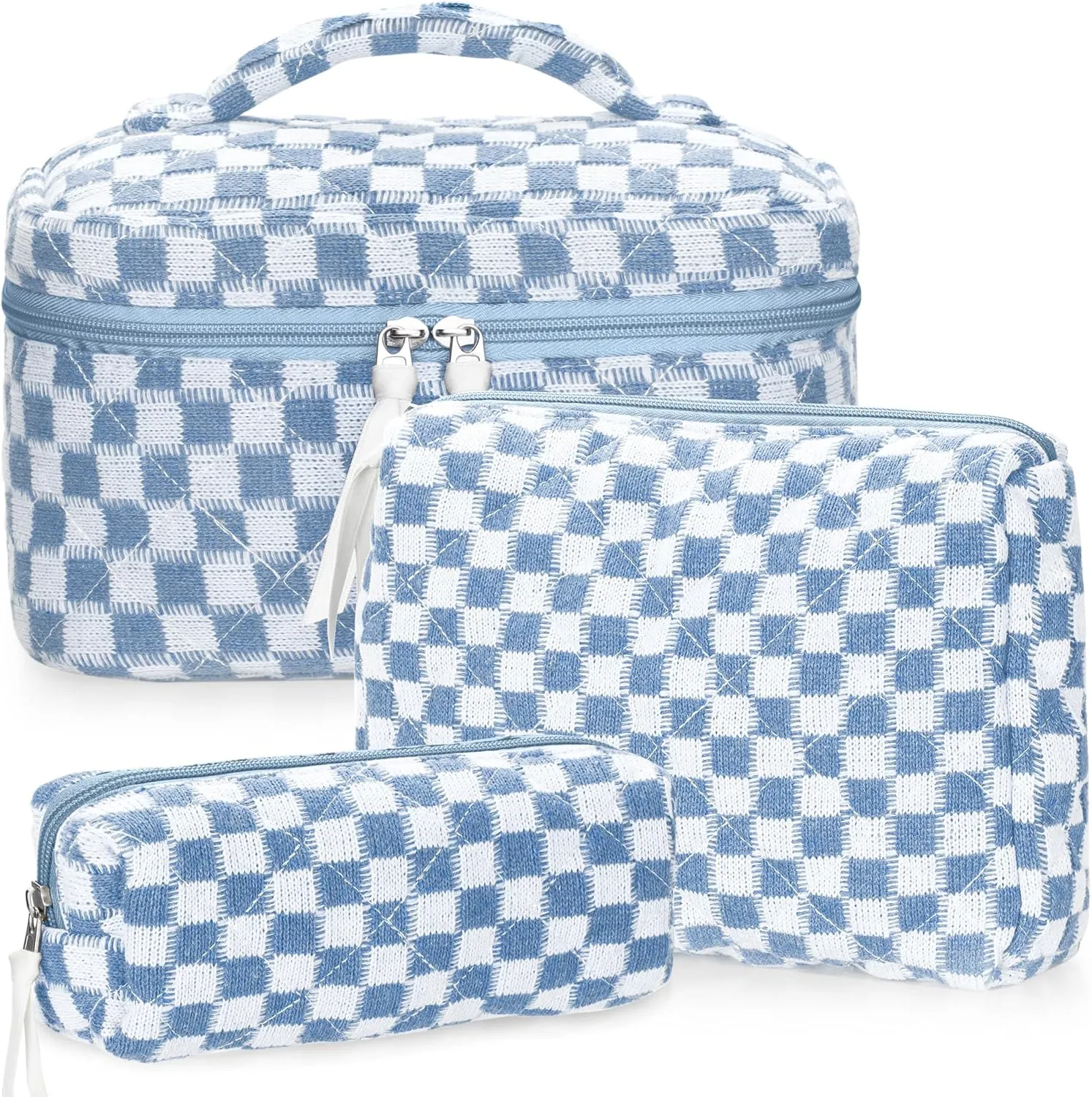 Quilted Makeup Bag Set, 3Pcs Large Checkered Corduroy Cosmetic Bags, Cute Coquette Makeup Bag Toiletry Zipper Pouch Bag for Women and Girls Checkered