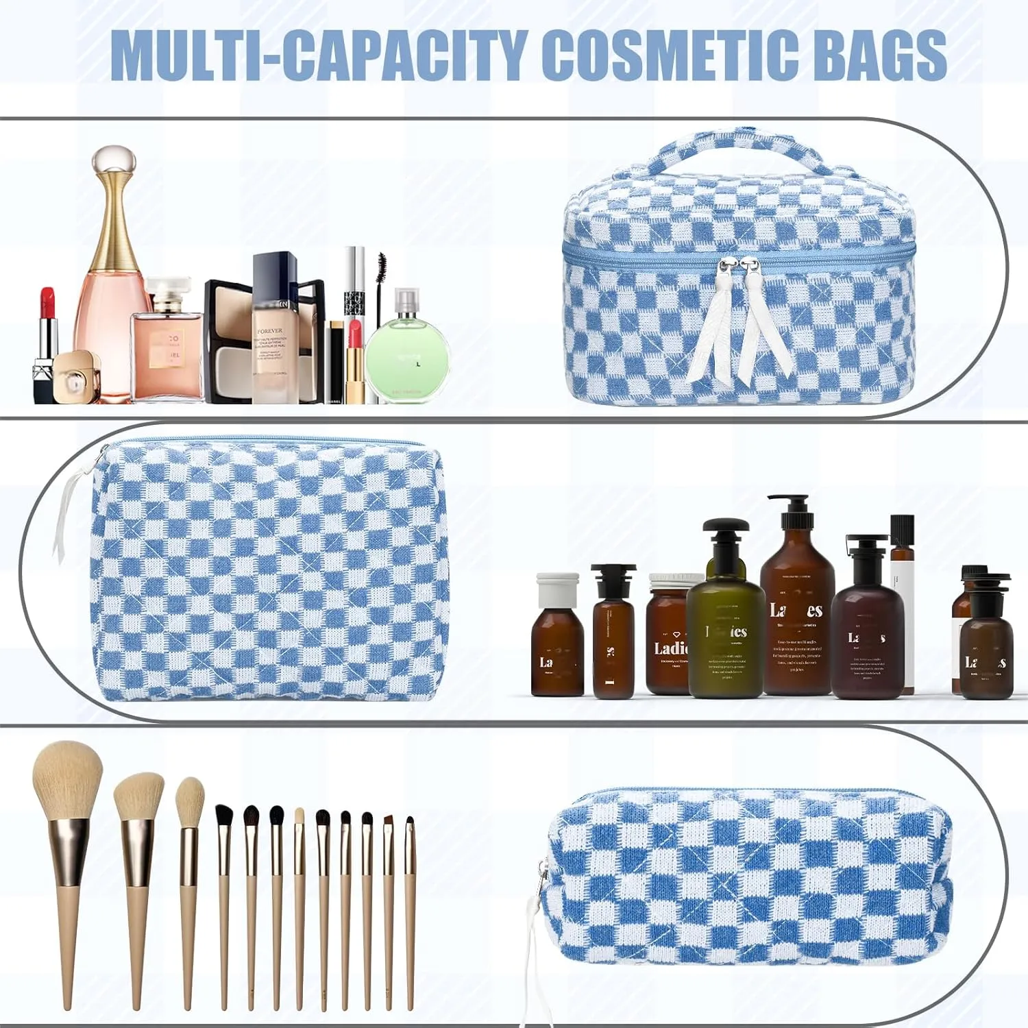 Quilted Makeup Bag Set, 3Pcs Large Checkered Corduroy Cosmetic Bags, Cute Coquette Makeup Bag Toiletry Zipper Pouch Bag for Women and Girls Checkered