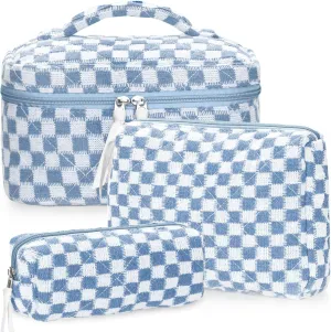 Quilted Makeup Bag Set, 3Pcs Large Checkered Corduroy Cosmetic Bags, Cute Coquette Makeup Bag Toiletry Zipper Pouch Bag for Women and Girls Checkered