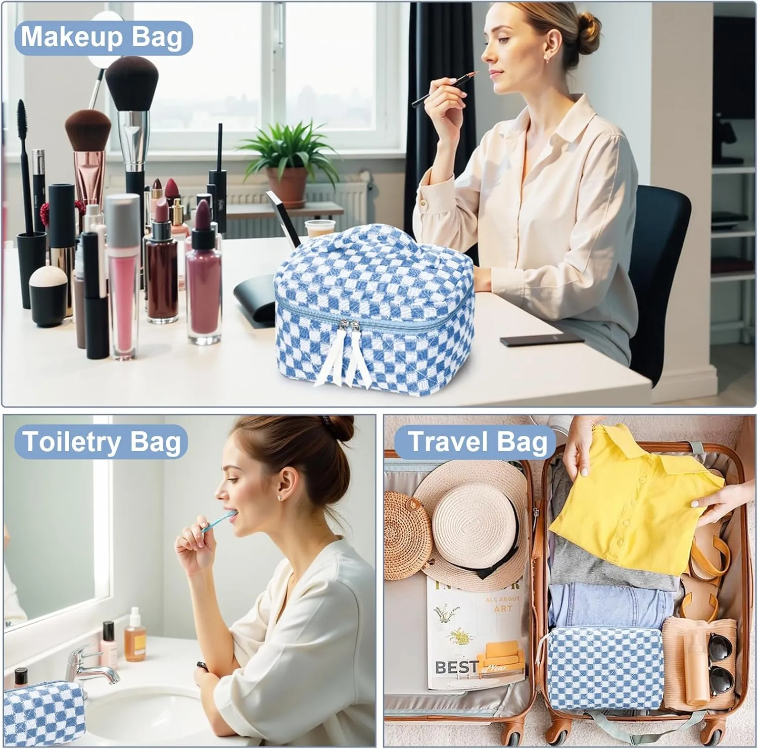 Quilted Makeup Bag Set, 3Pcs Large Checkered Corduroy Cosmetic Bags, Cute Coquette Makeup Bag Toiletry Zipper Pouch Bag for Women and Girls Checkered