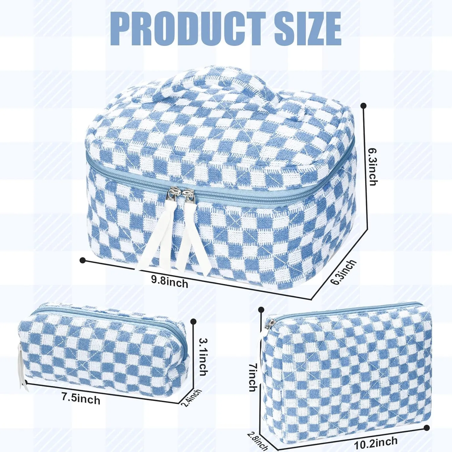 Quilted Makeup Bag Set, 3Pcs Large Checkered Corduroy Cosmetic Bags, Cute Coquette Makeup Bag Toiletry Zipper Pouch Bag for Women and Girls Checkered