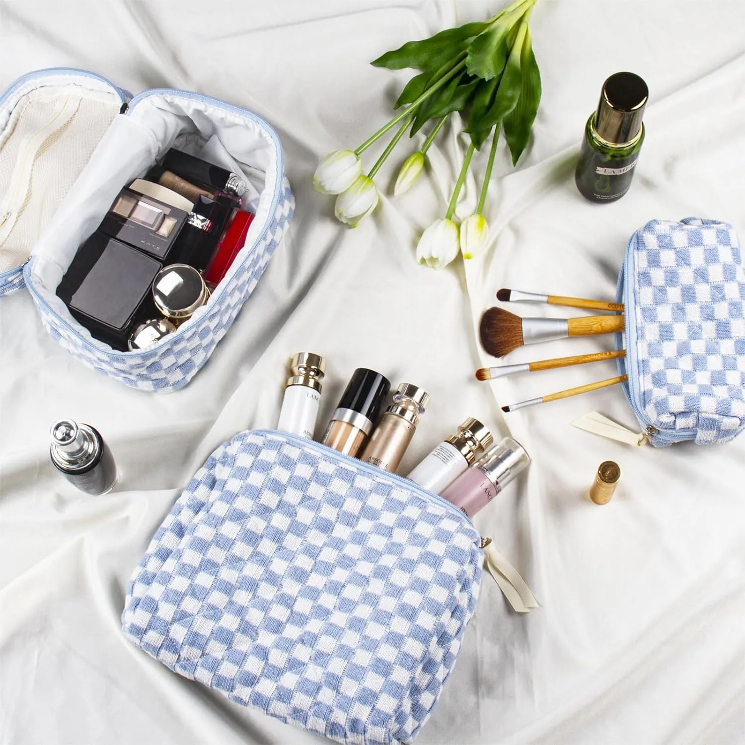 Quilted Makeup Bag Set, 3Pcs Large Checkered Corduroy Cosmetic Bags, Cute Coquette Makeup Bag Toiletry Zipper Pouch Bag for Women and Girls Checkered