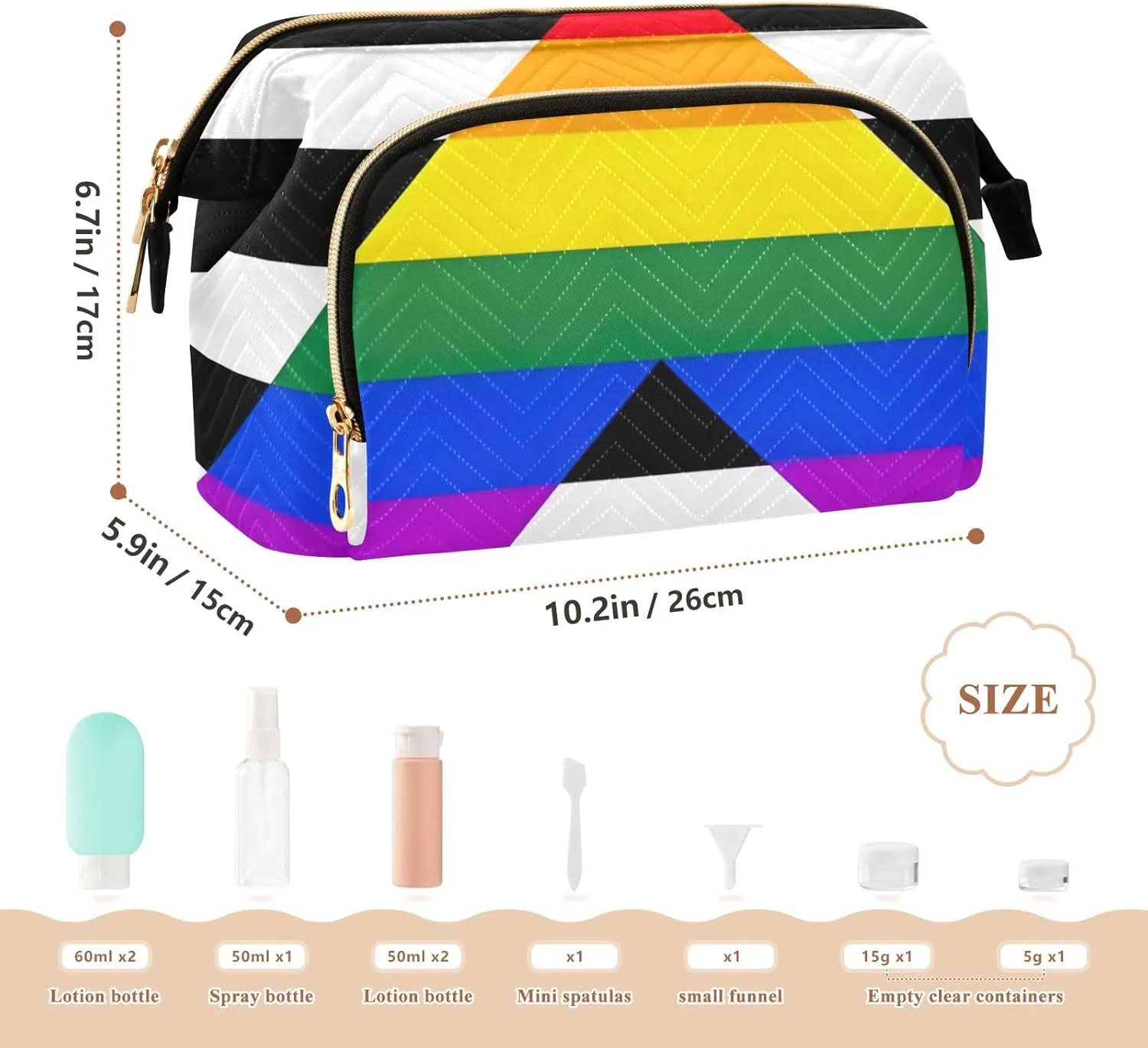 Quilted Makeup Bag Set with 9-Piece Accessory Set, Straight Ally Pride Flag Mix Lgbt Portable Toiletry Bag Makeup Bag Travel Cosmetic Bag Toiletry Bag Organizer Pouch
