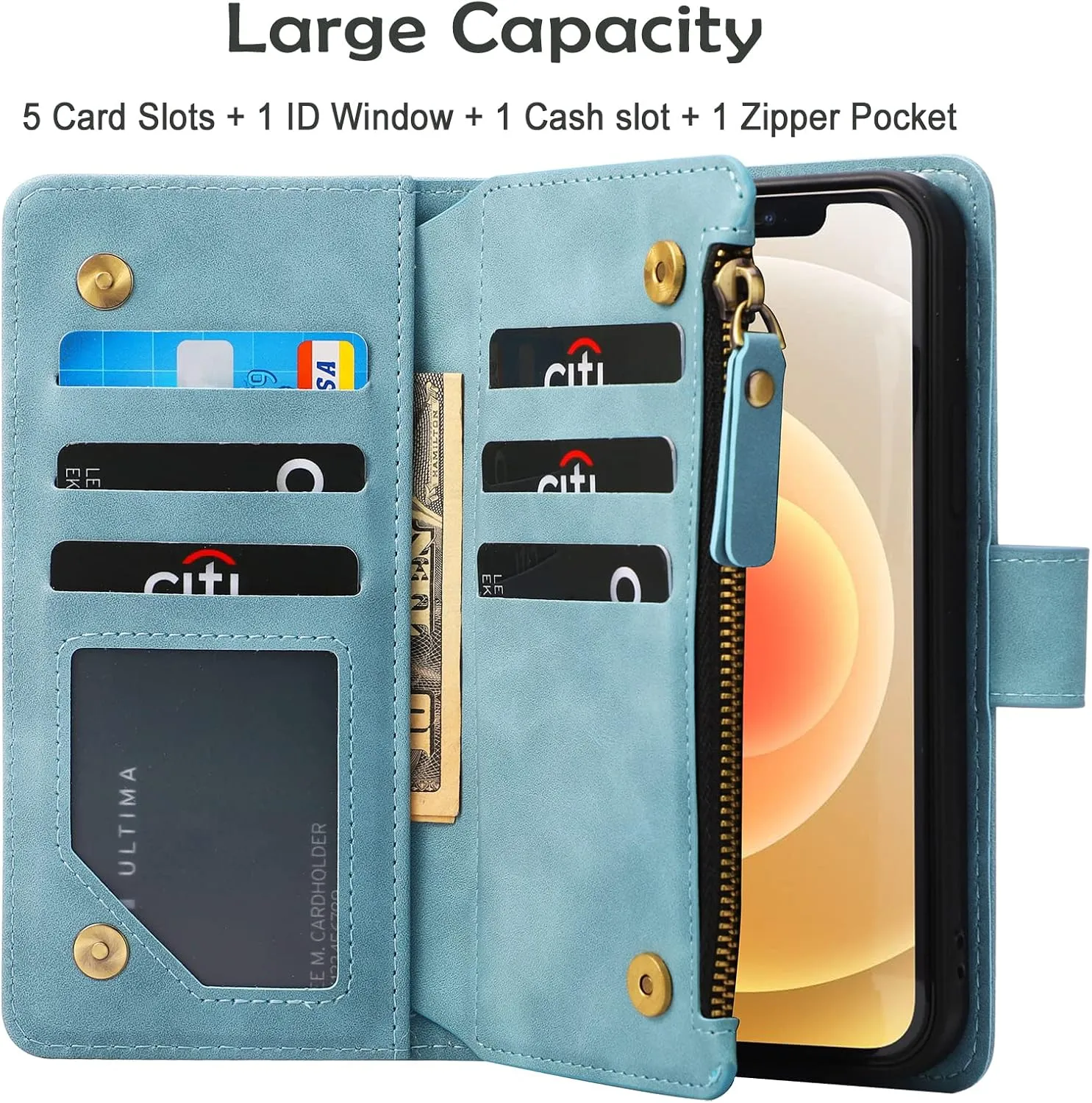 RANYOK Wallet Case Compatible with iPhone 12/12 Pro (6.1 inch), Premium PU Leather Zipper Flip RFID Blocking Wallet with Wrist Strap Magnetic Closure Built-in Kickstand Protective Case - Baby Blue