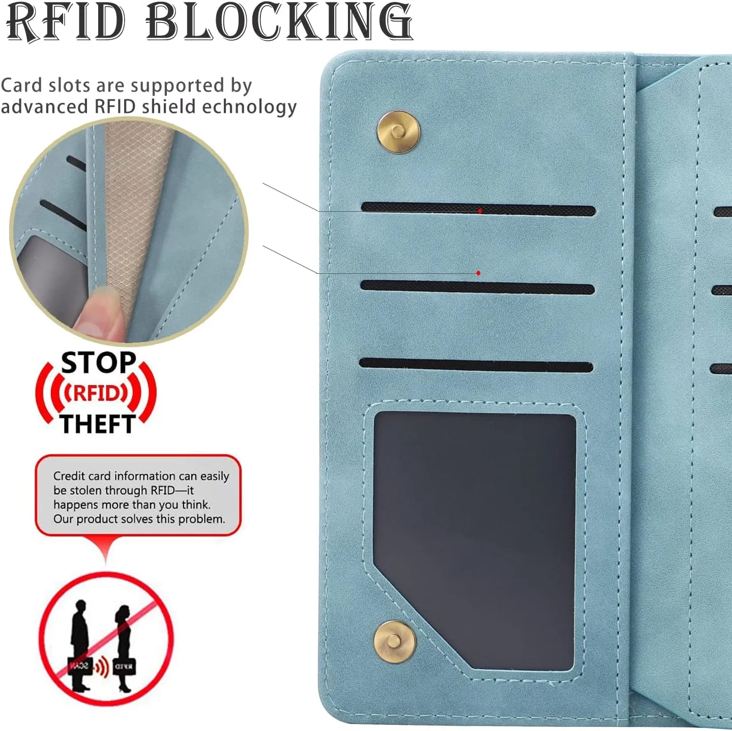 RANYOK Wallet Case Compatible with iPhone 12/12 Pro (6.1 inch), Premium PU Leather Zipper Flip RFID Blocking Wallet with Wrist Strap Magnetic Closure Built-in Kickstand Protective Case - Baby Blue