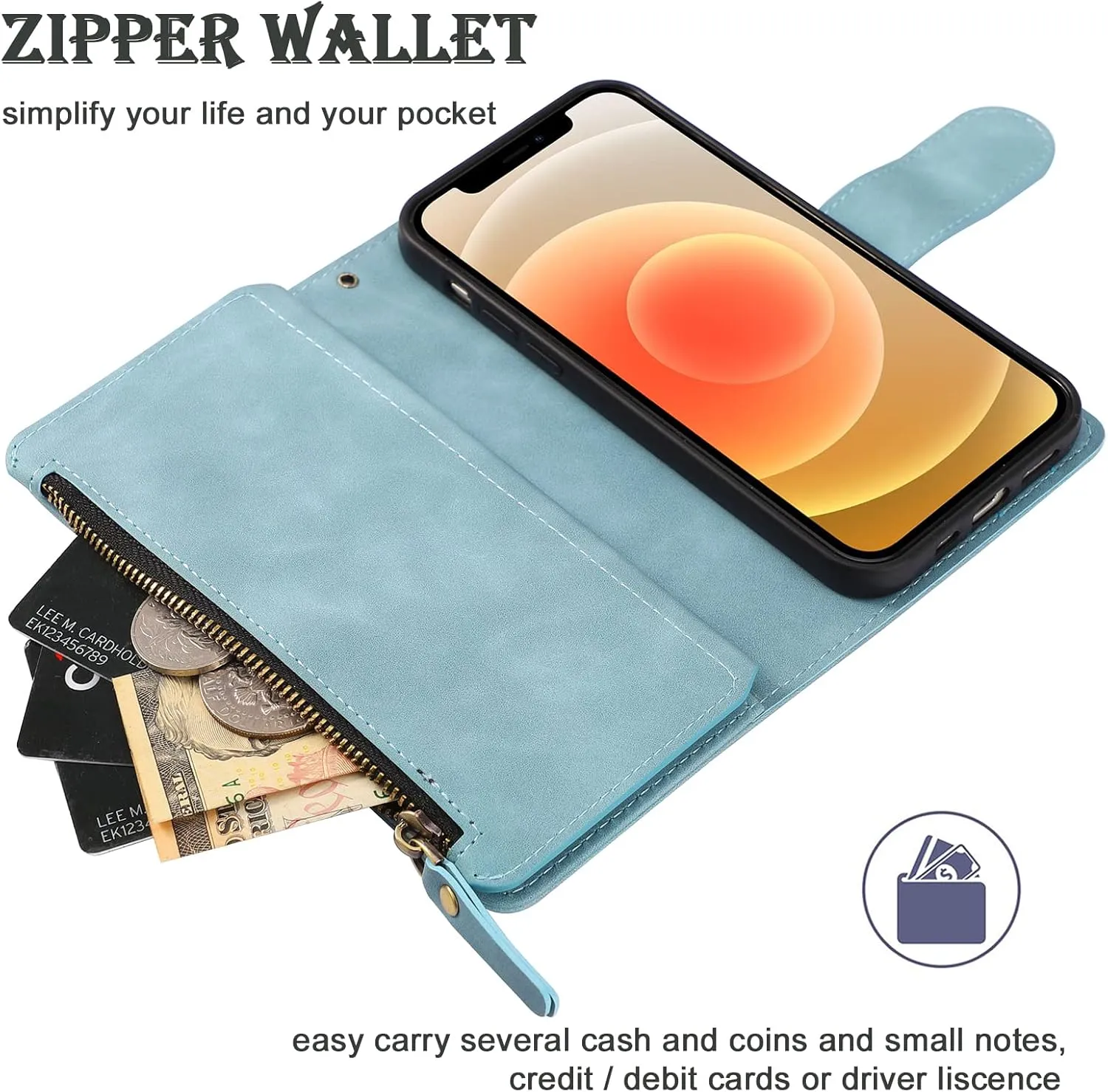 RANYOK Wallet Case Compatible with iPhone 12/12 Pro (6.1 inch), Premium PU Leather Zipper Flip RFID Blocking Wallet with Wrist Strap Magnetic Closure Built-in Kickstand Protective Case - Baby Blue
