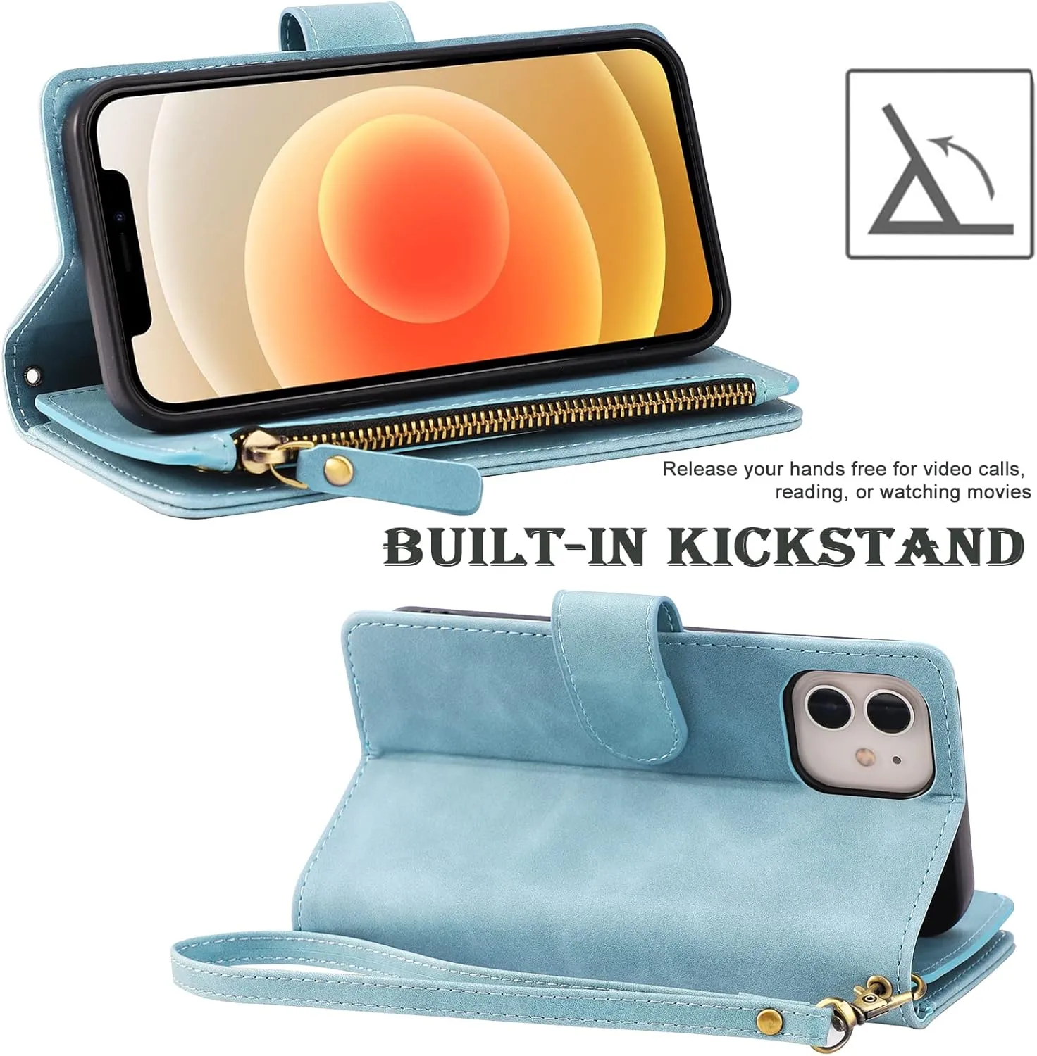RANYOK Wallet Case Compatible with iPhone 12/12 Pro (6.1 inch), Premium PU Leather Zipper Flip RFID Blocking Wallet with Wrist Strap Magnetic Closure Built-in Kickstand Protective Case - Baby Blue