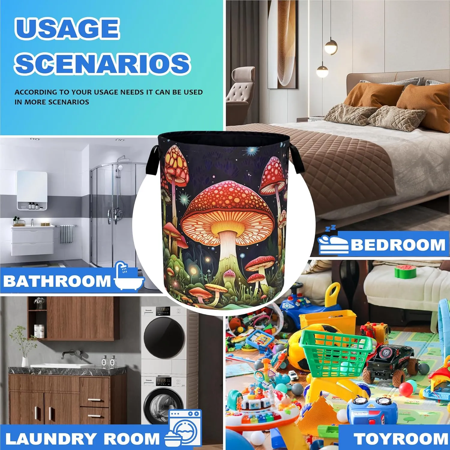 Red Mushroom Laundry Basket Oxford Cloth Psychedelic Plant Laundry Hamper With Handle Foldable Portable Clothes Storage Basket 18.9 X 16.5 In Storage Bag For Laundry Room/Bathroom/Bedroom/Dormitories