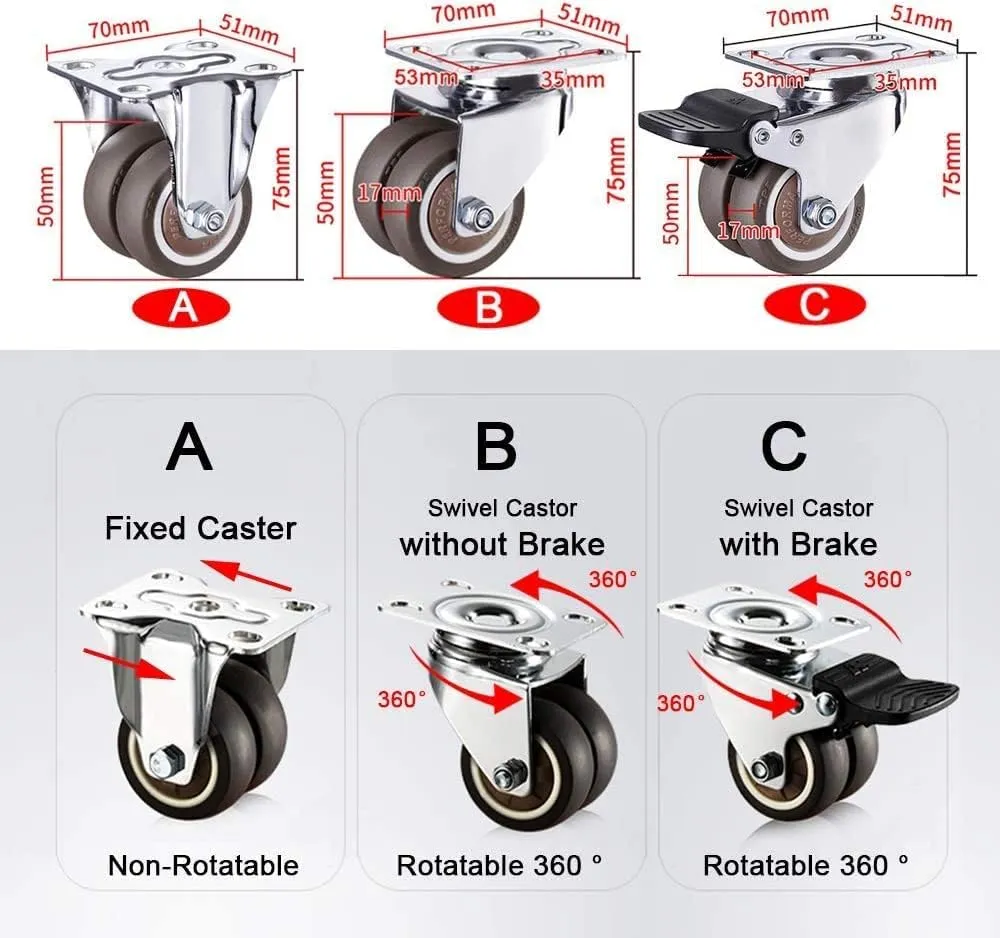 Replacement Caster Wheels, 50mm Double Wheel Rubber Swivel Caster Wheel ,Fixed Castor,Heavy Duty Furniture Swivel Caster With Brake,For Furniture/Trolley/Sofa/Bedside Table Casters (Colo(A ( 2 Pcs ) a