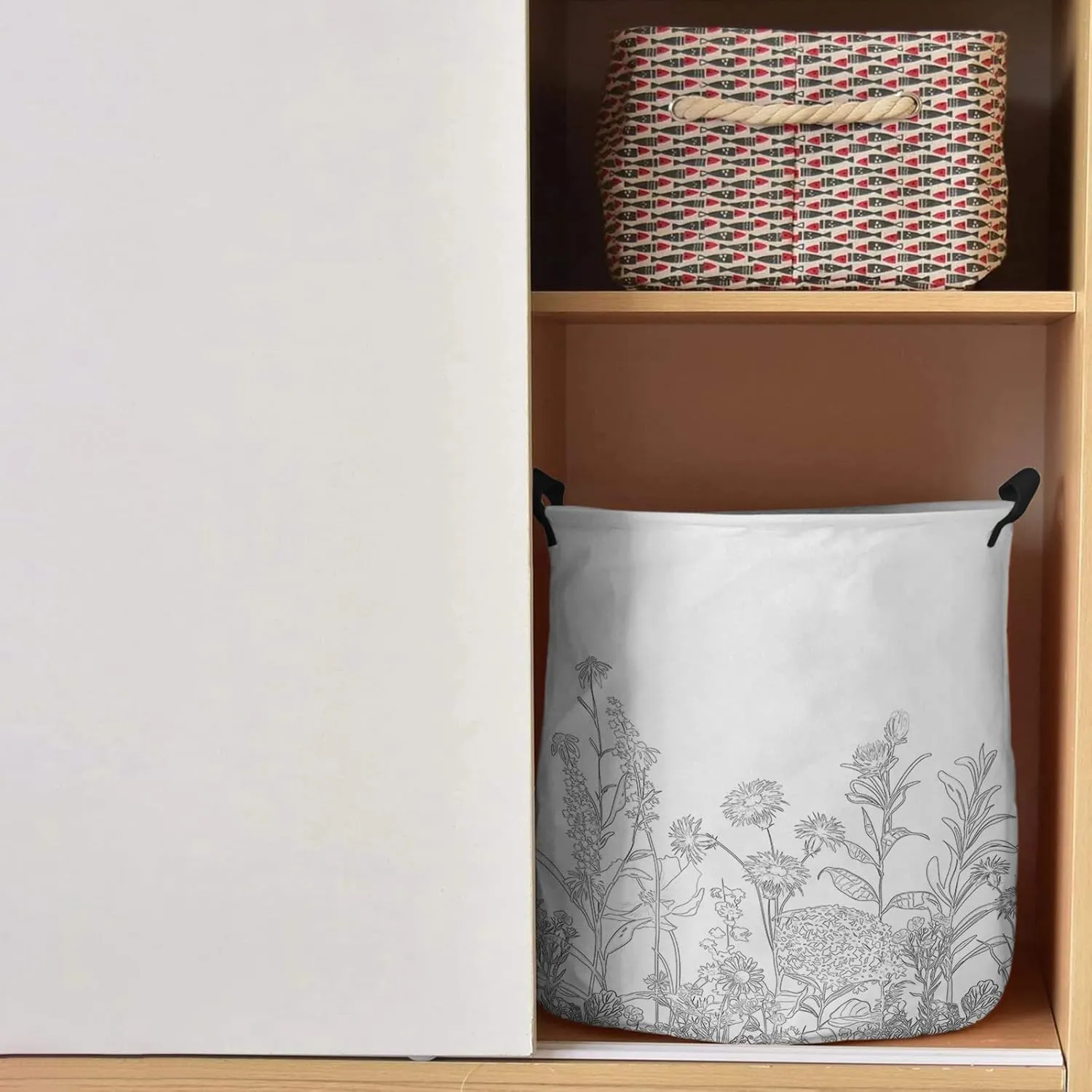 Retro Flower Leaf Laundry Basket,Collapsible Bag with Easy Carry Handles,Vintage Classic Grey Botanical Plant Aesthetics Waterproof Foldable Freestanding Hamper,Folding Washing Bin Clothes Storage