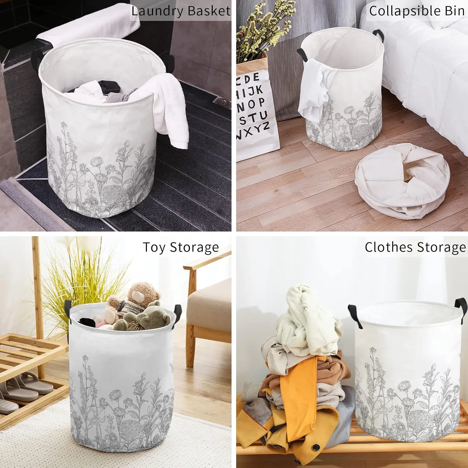 Retro Flower Leaf Laundry Basket,Collapsible Bag with Easy Carry Handles,Vintage Classic Grey Botanical Plant Aesthetics Waterproof Foldable Freestanding Hamper,Folding Washing Bin Clothes Storage
