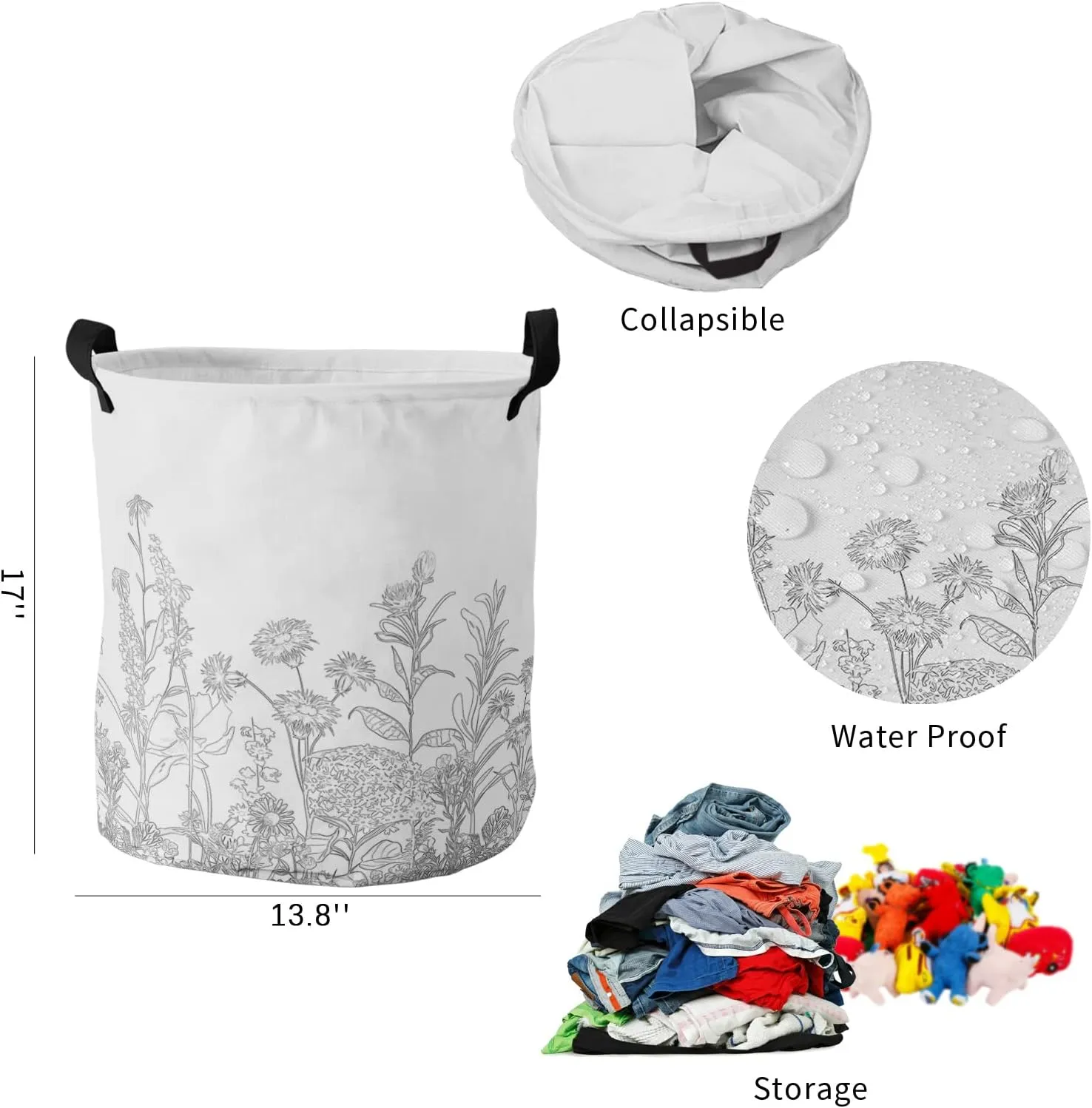 Retro Flower Leaf Laundry Basket,Collapsible Bag with Easy Carry Handles,Vintage Classic Grey Botanical Plant Aesthetics Waterproof Foldable Freestanding Hamper,Folding Washing Bin Clothes Storage