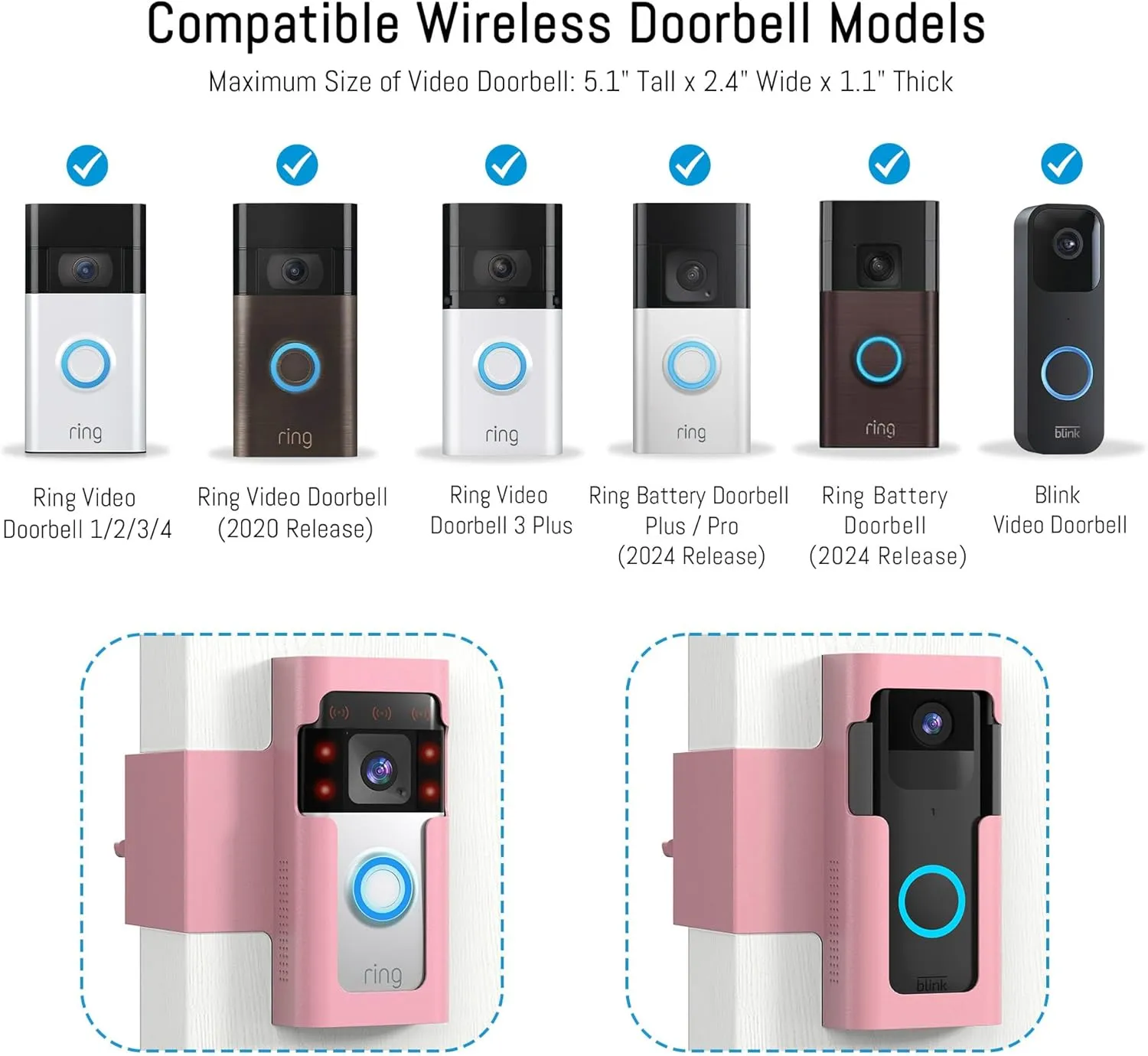 Ring Doorbell Mount Door Holder - Pink All Metal Anti Theft Doorbell Mount for Ring & Blink - No Drill Ring Camera Holder for Apartment Door
