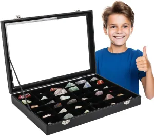Rock Collections Box for Kids - PU Leather Rock Display Case with 36 Grid - Storage & Display Shelf for Collectibles