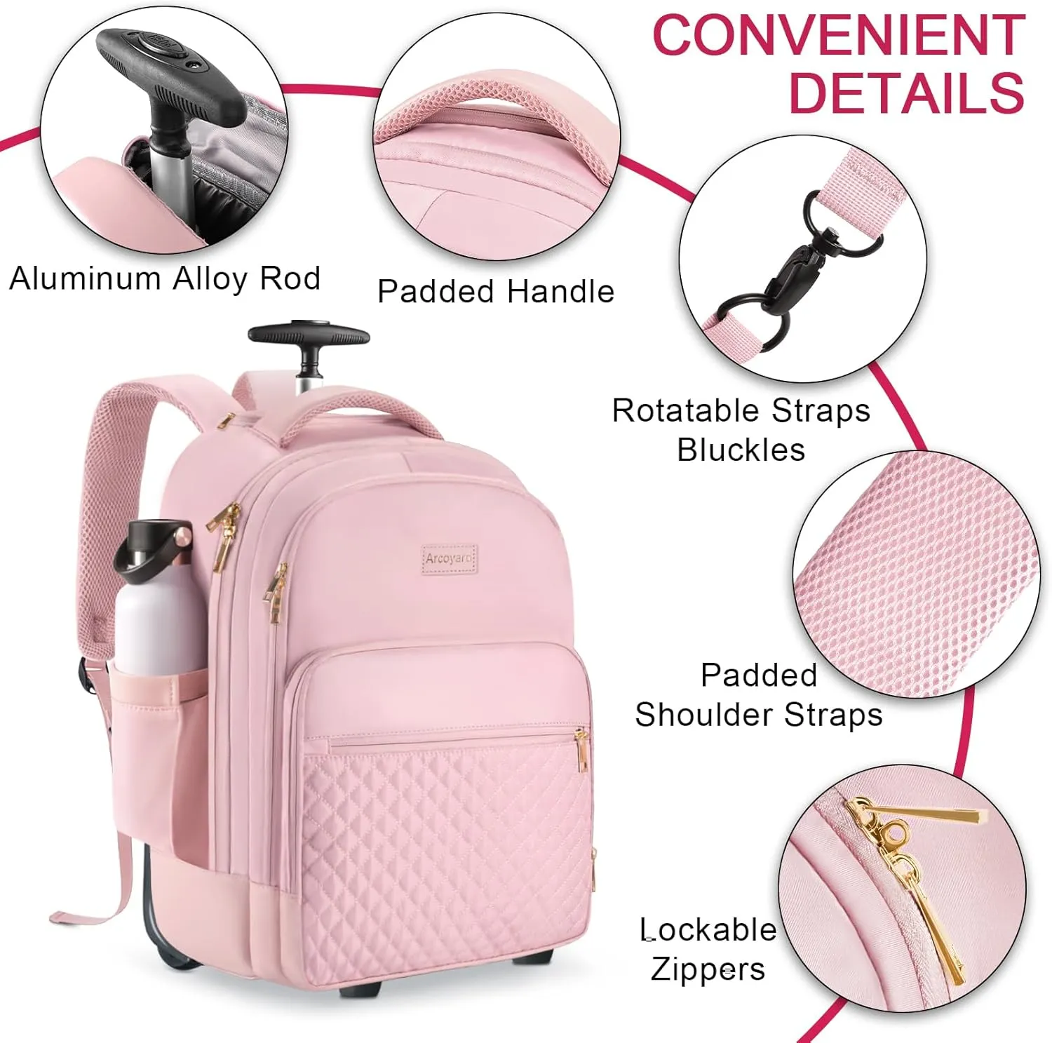 Rolling Backpack Carry On Luggage For Adults With Wheels, 40L Wheeled Backpack For Women, Travel Roller Backpack, Rolling Bag, Pink
