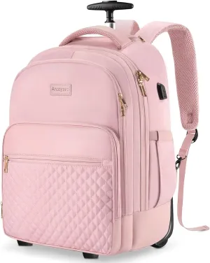 Rolling Backpack Carry On Luggage For Adults With Wheels, 40L Wheeled Backpack For Women, Travel Roller Backpack, Rolling Bag, Pink