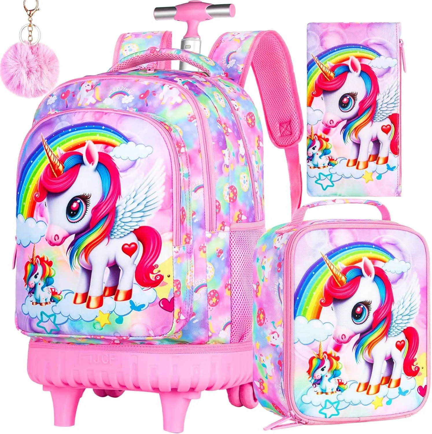 Rolling Backpack for Girls, 3PCS Wheeled School Bag with Lunch Bag for Kids, water resistance Roller Wheels Bookbag - Unicorn Pink