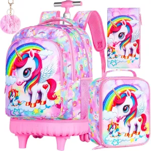 Rolling Backpack for Girls, 3PCS Wheeled School Bag with Lunch Bag for Kids, water resistance Roller Wheels Bookbag - Unicorn Pink