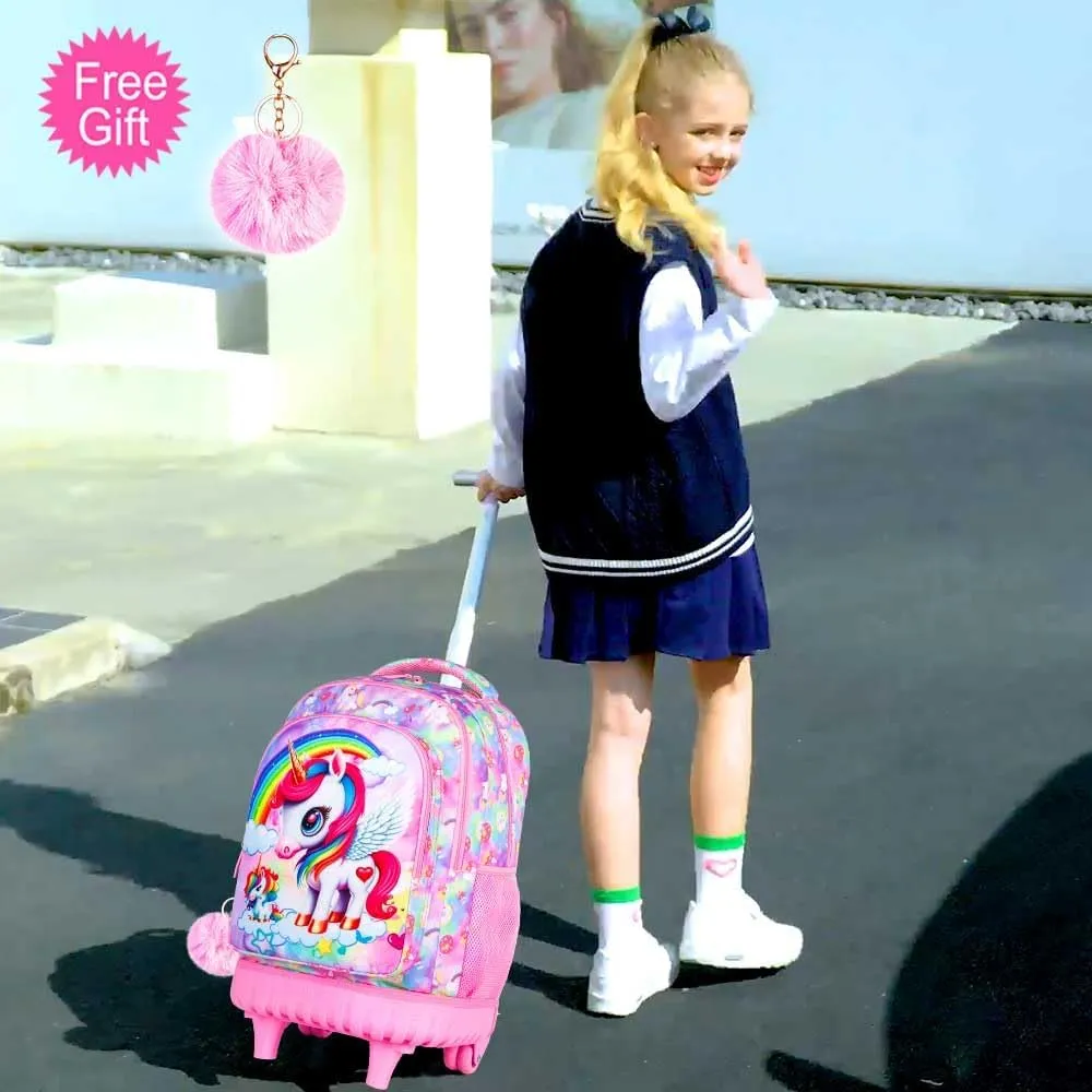 Rolling Backpack for Girls, 3PCS Wheeled School Bag with Lunch Bag for Kids, water resistance Roller Wheels Bookbag - Unicorn Pink