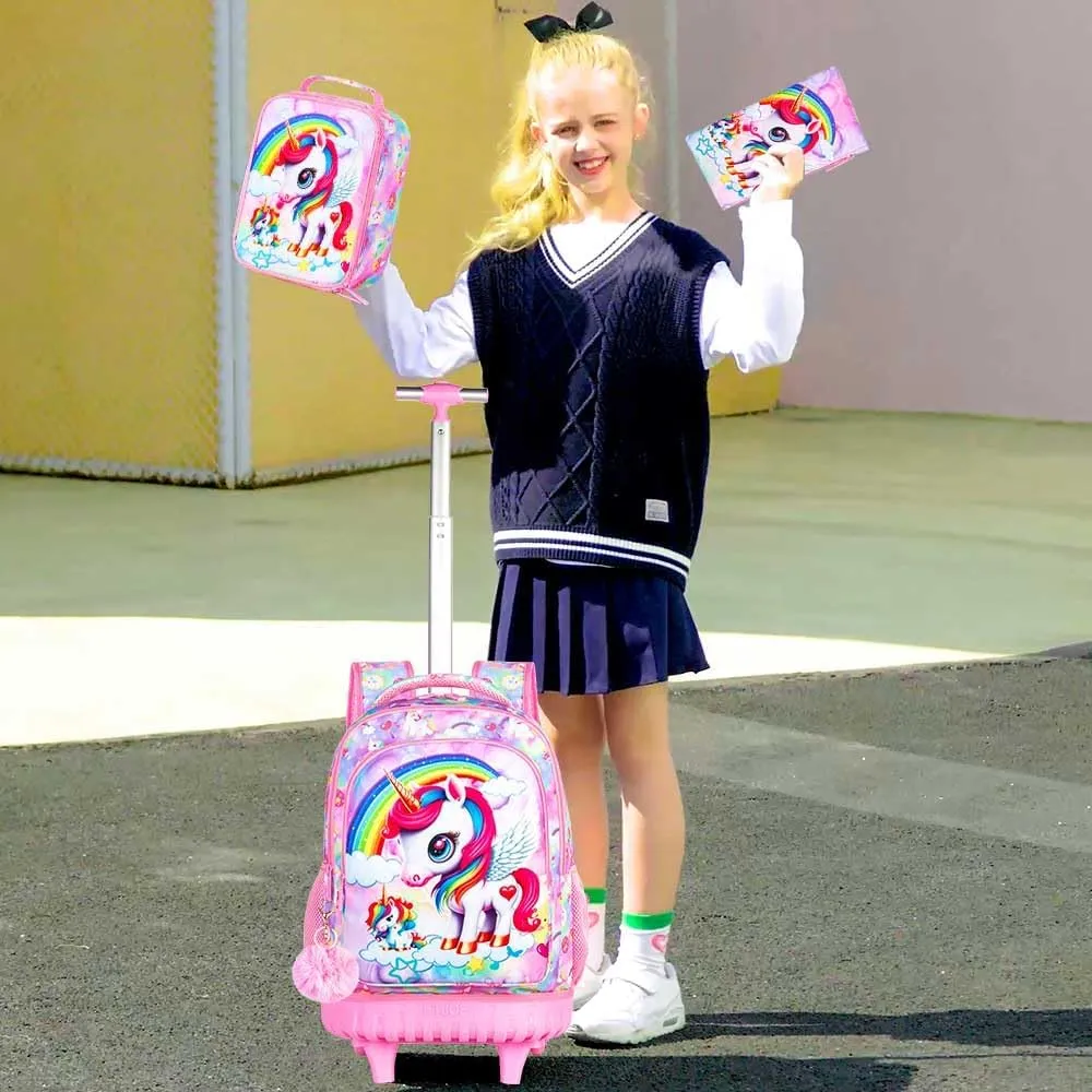 Rolling Backpack for Girls, 3PCS Wheeled School Bag with Lunch Bag for Kids, water resistance Roller Wheels Bookbag - Unicorn Pink