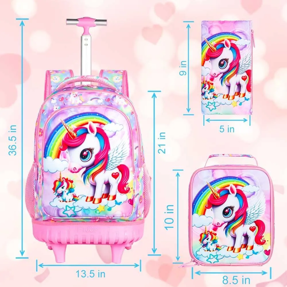 Rolling Backpack for Girls, 3PCS Wheeled School Bag with Lunch Bag for Kids, water resistance Roller Wheels Bookbag - Unicorn Pink