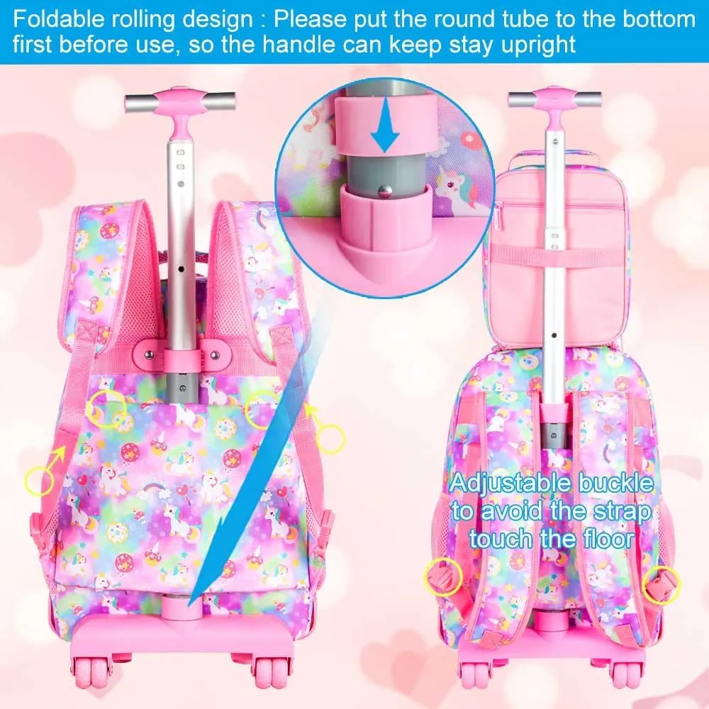 Rolling Backpack for Girls, 3PCS Wheeled School Bag with Lunch Bag for Kids, water resistance Roller Wheels Bookbag - Unicorn Pink