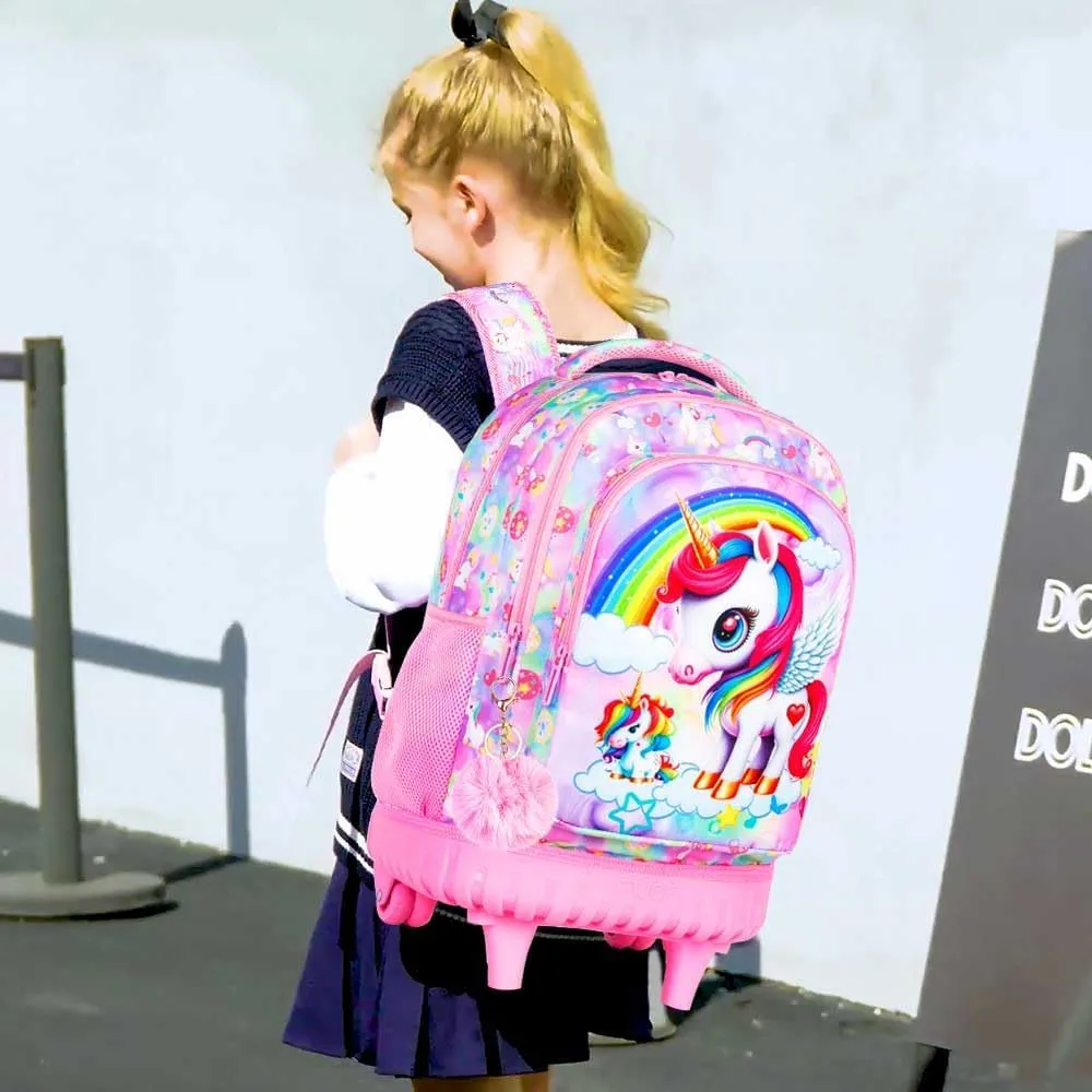 Rolling Backpack for Girls, 3PCS Wheeled School Bag with Lunch Bag for Kids, water resistance Roller Wheels Bookbag - Unicorn Pink