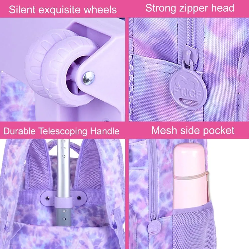 Rolling Backpack for Girls and Womens, 3PCS Roller Bookbag with Lunch Bag for Kids, Wheeled School Bag for Children - Purple Tie-Dye